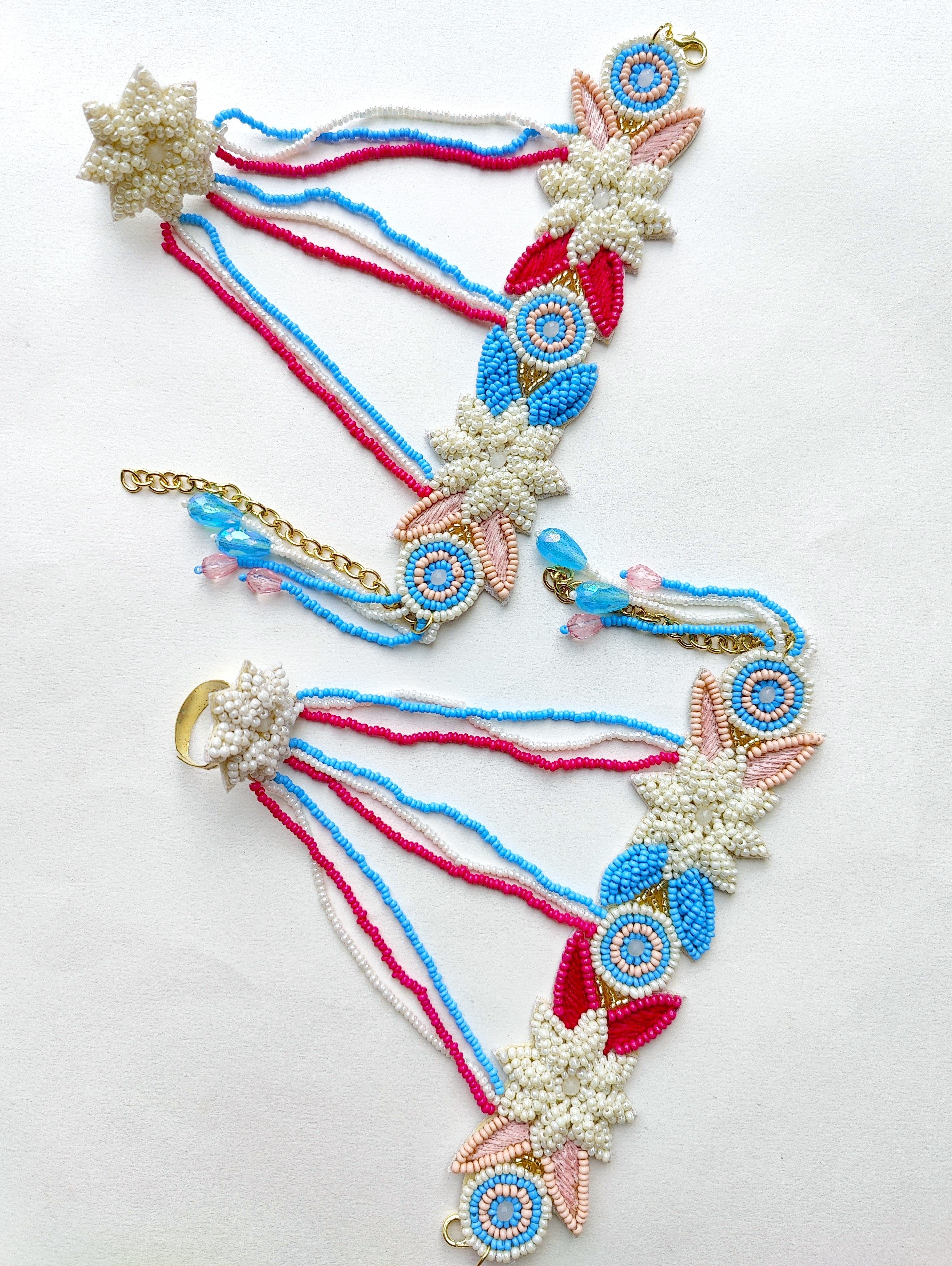 Pink-Sky BLue Hndmade Beaded Hathphool Set- Jewellery For Bridal Haldi Mehndi Ceremony