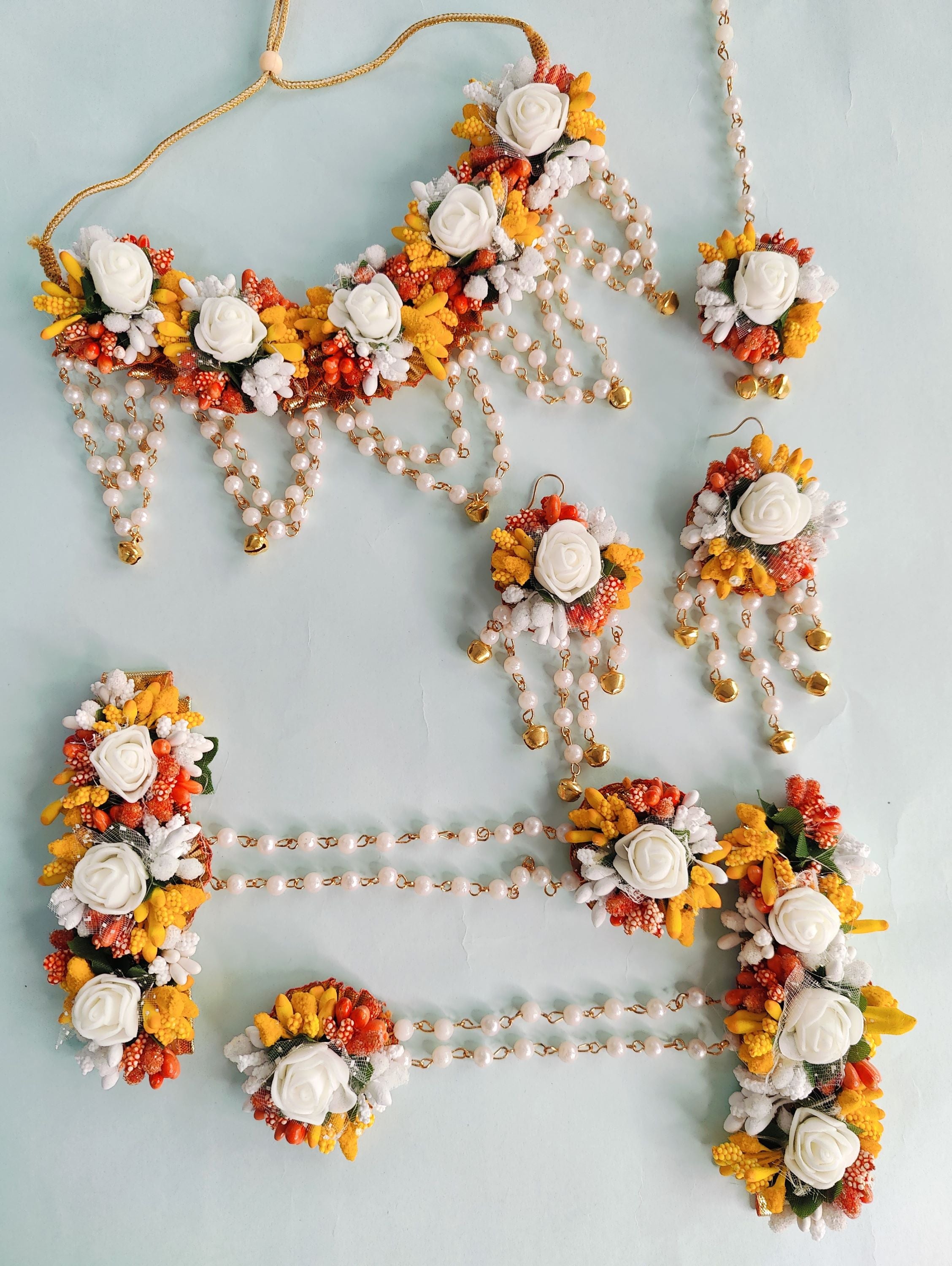 Yellow & White Floral Haldi-Mehndi Jewellery Set for Women with Multilayer Earrings