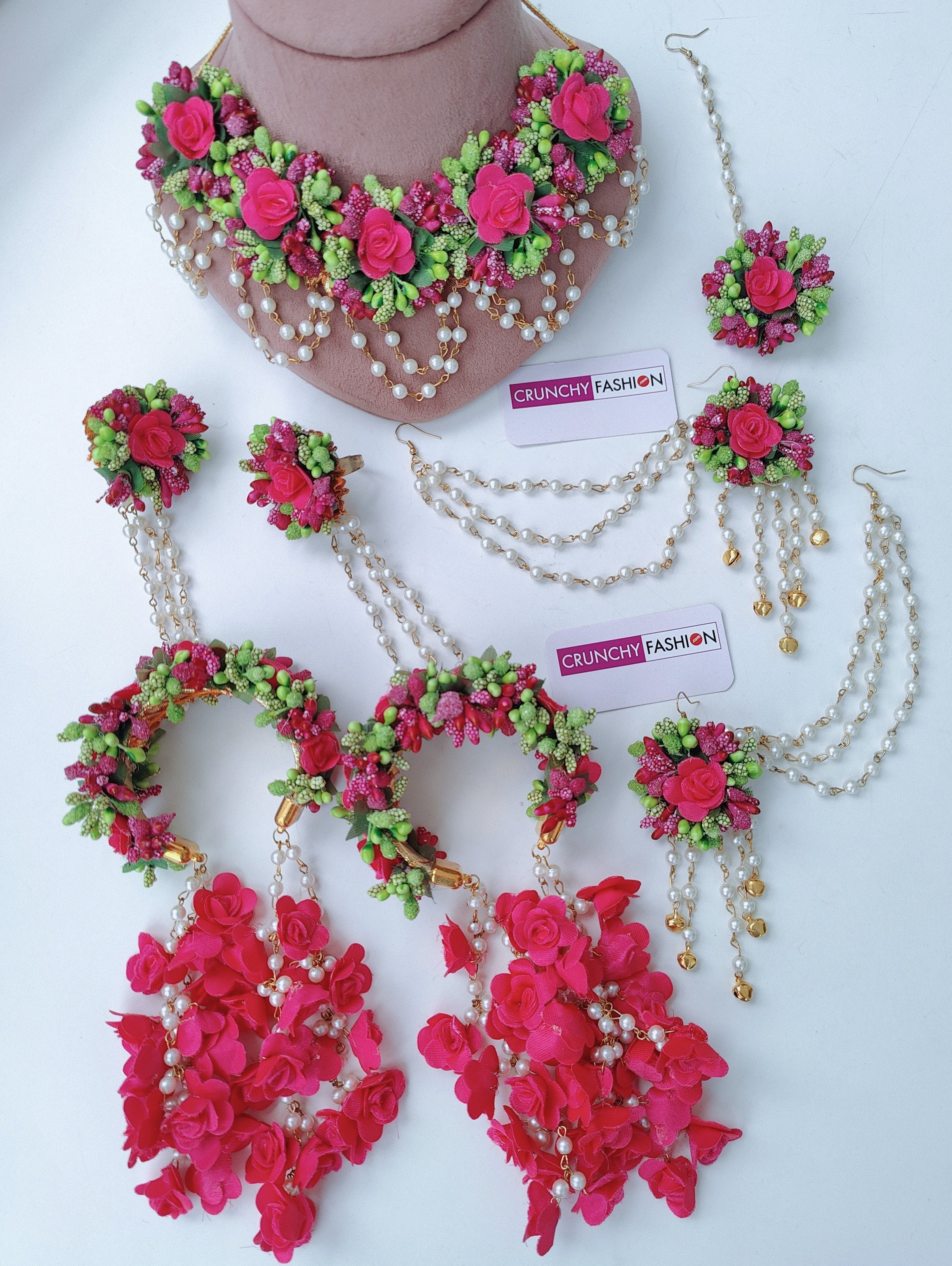Pink-Green Multicolor Flower  Bridal Jewellery Set with Kaliras for Haldi and Mehandi