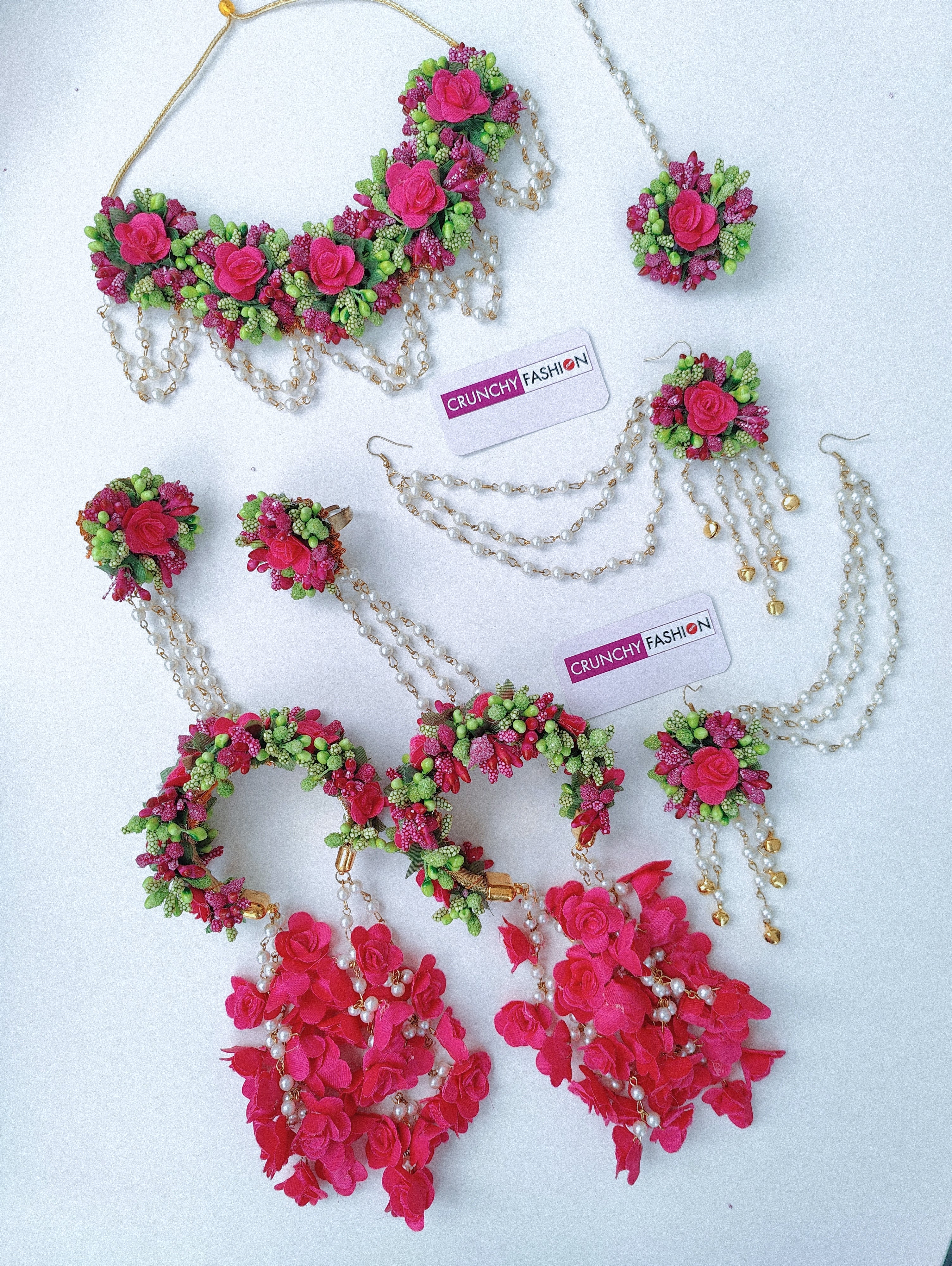 Pink-Green Multicolor Flower  Bridal Jewellery Set with Kaliras for Haldi and Mehandi