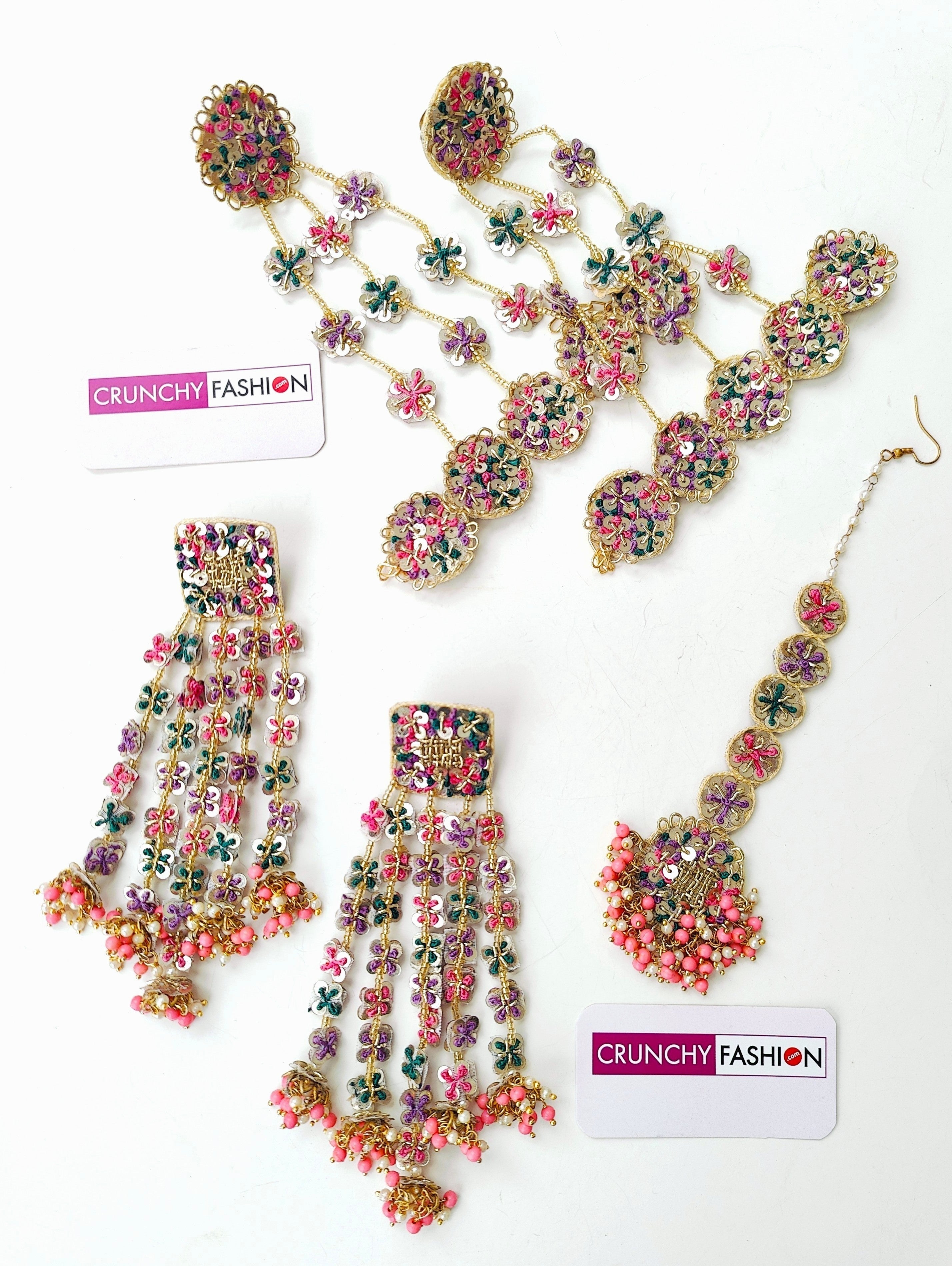 Pastel Pink-Mehndi Green Handmade Beaded Jewelry Set for Mehndi