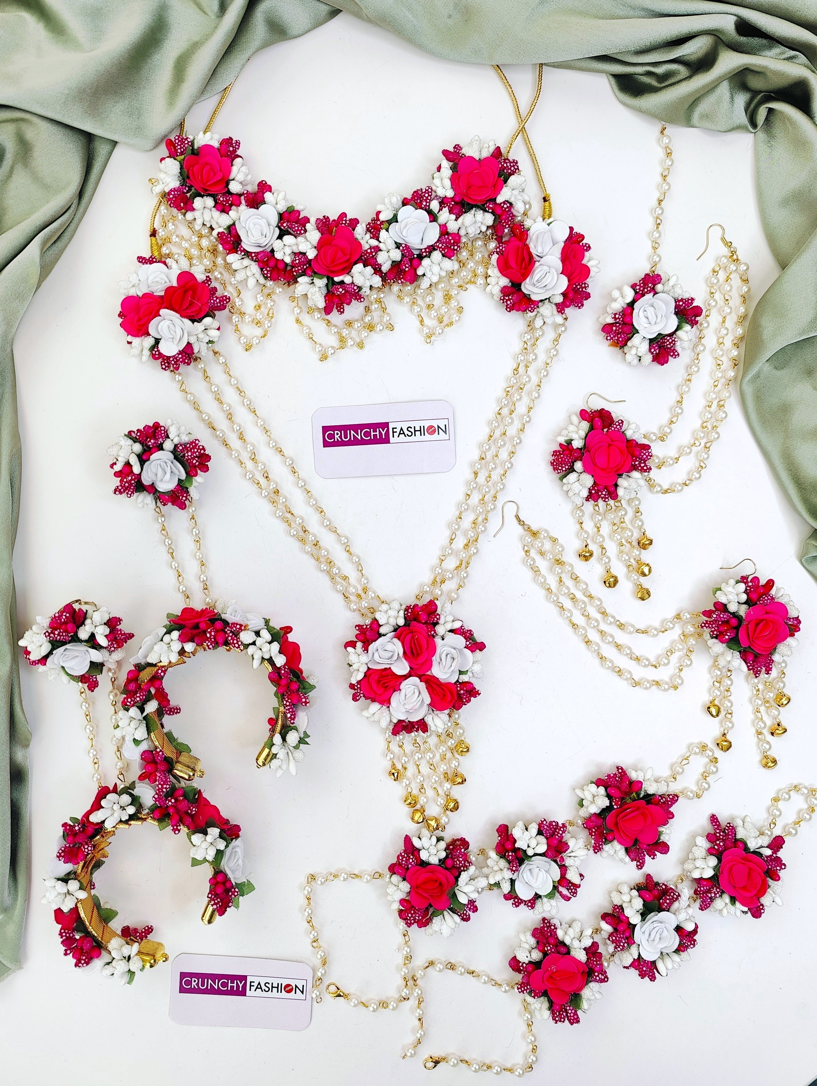 Yellow-Pink Flower Jewellery Set for Haldi, Baby Shower