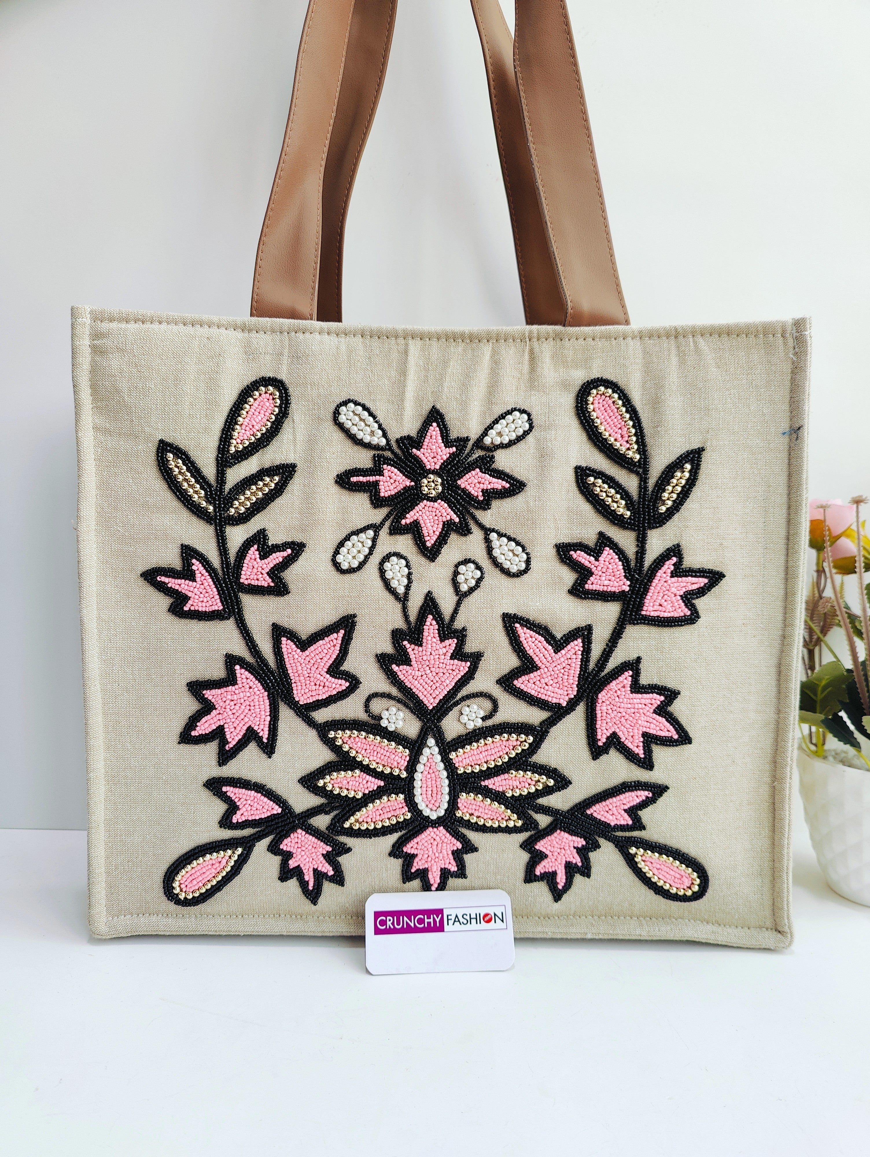 Black-Pink Boho Beaded Tote Bag for Women