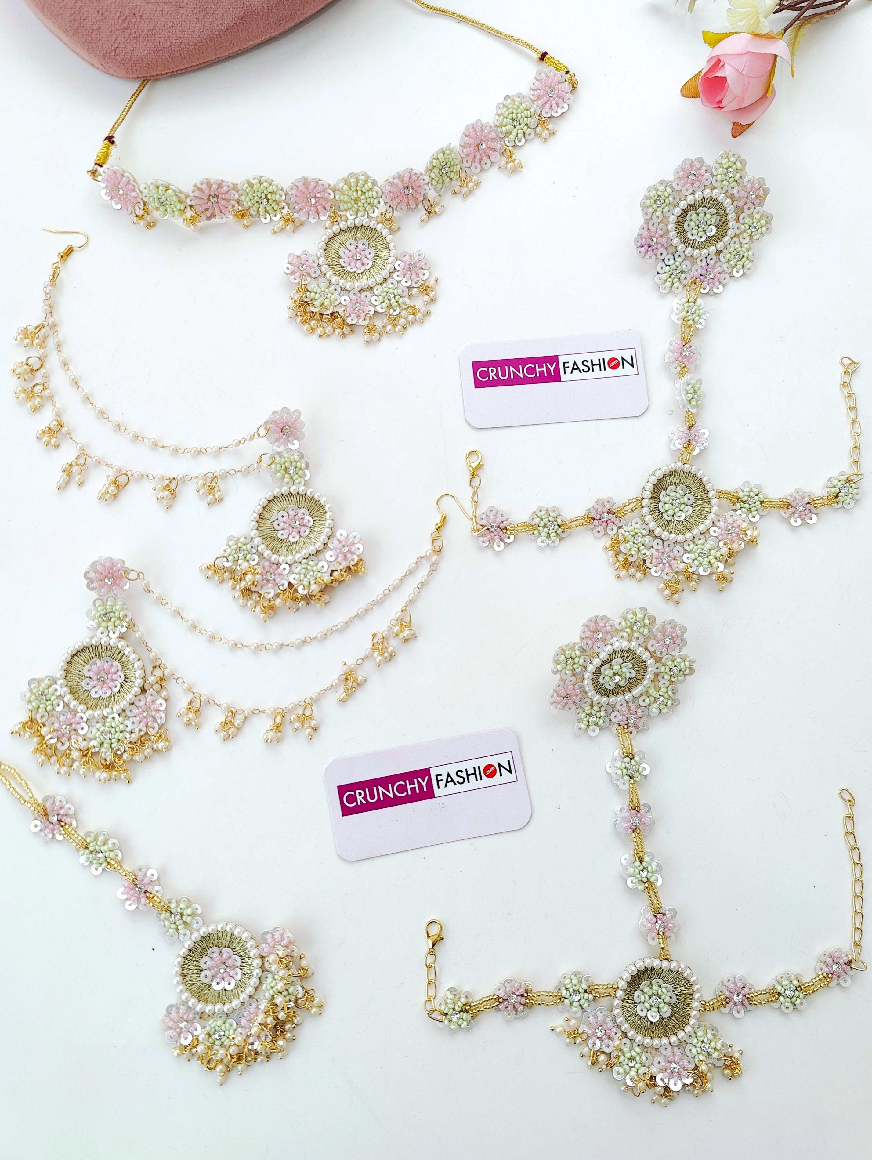 Pink-Baby Pink Handmade Floral Jewelry Set Haldi-Mehndi