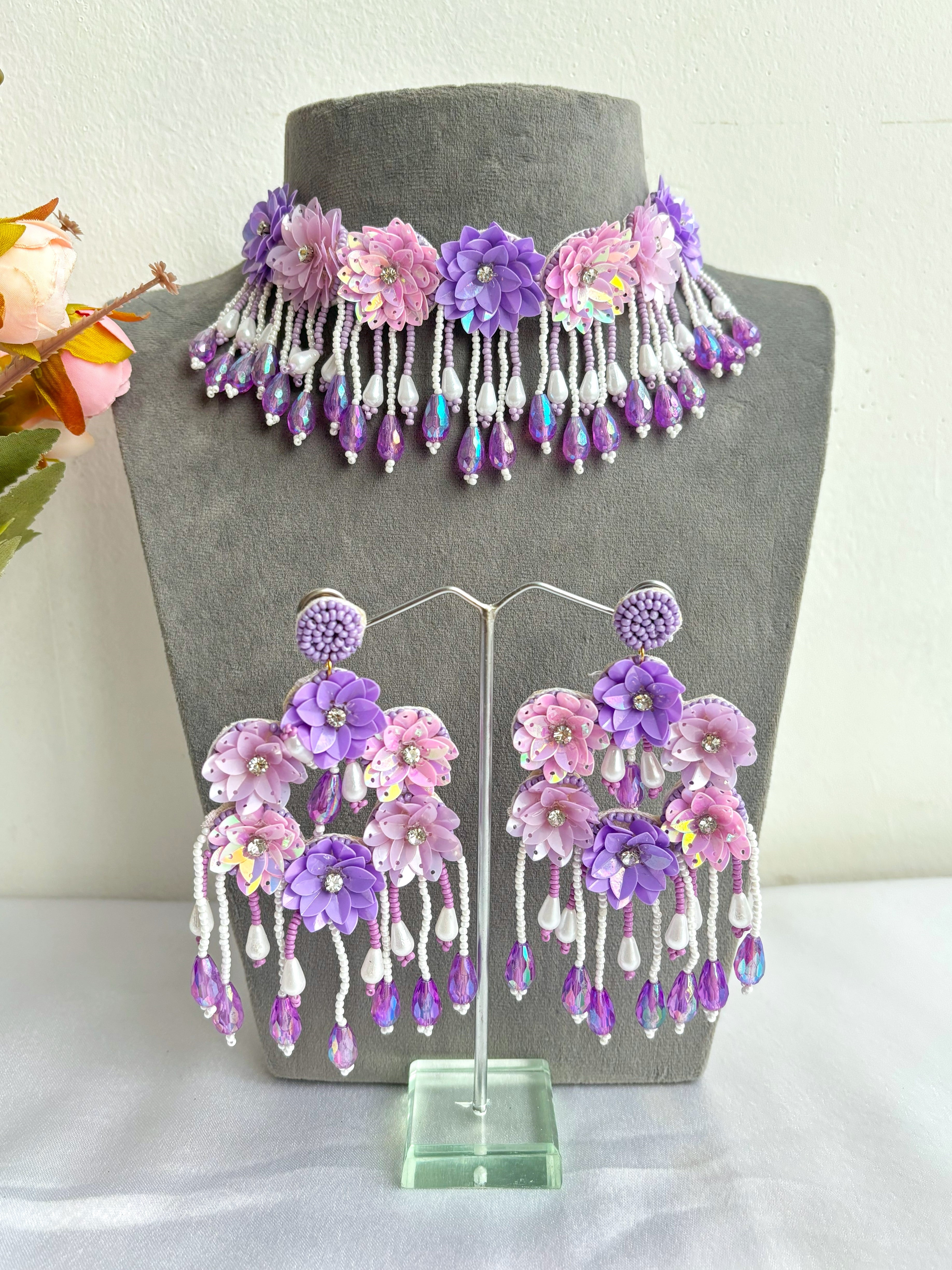 lavender flower jewellery Lavender-Pink Handmade Floral Haldi Mehndi Jewellery Set