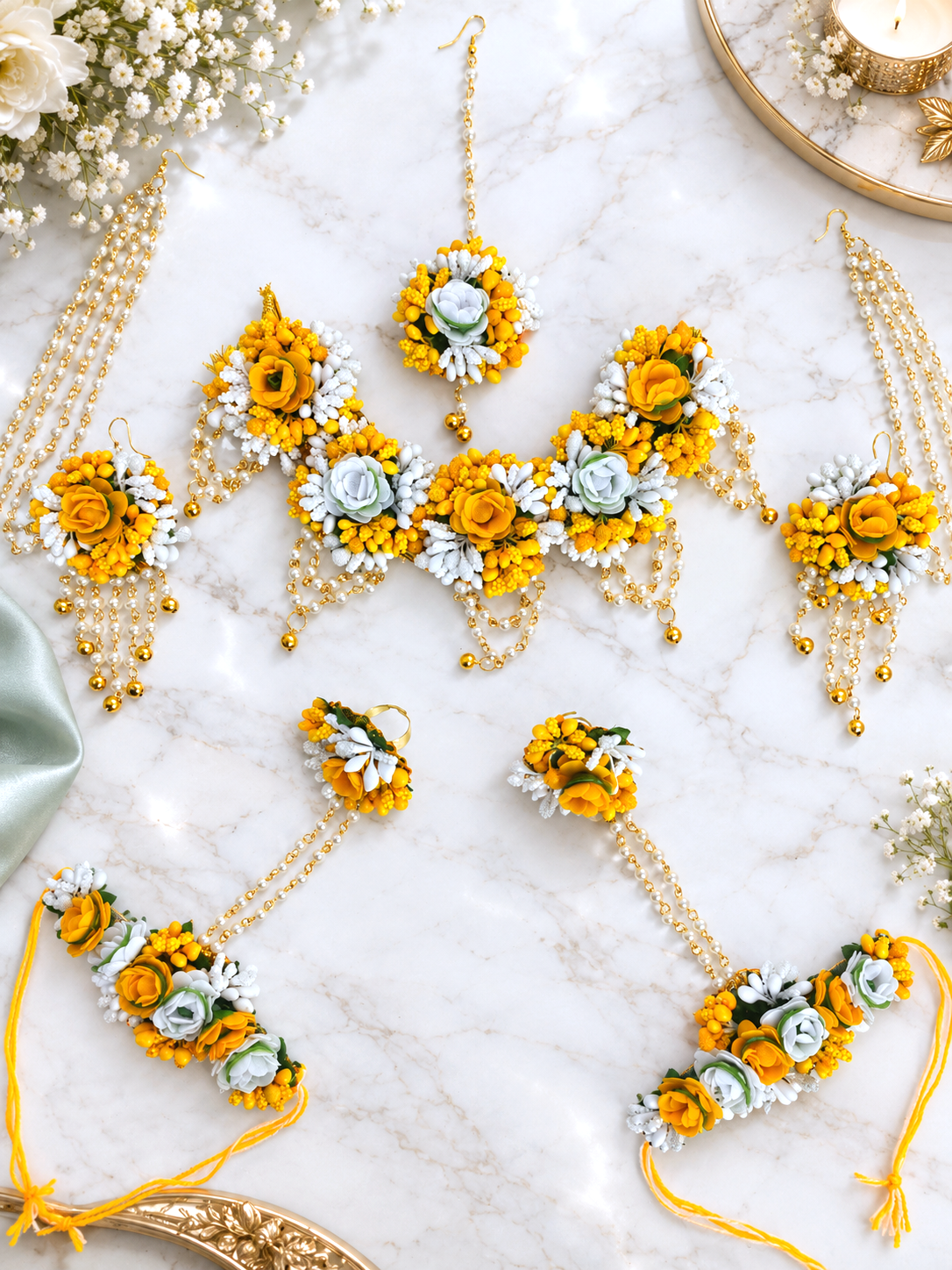 Yellow & White Floral Haldi-Mehndi Jewellery Set for Women with Multilayer Earrings