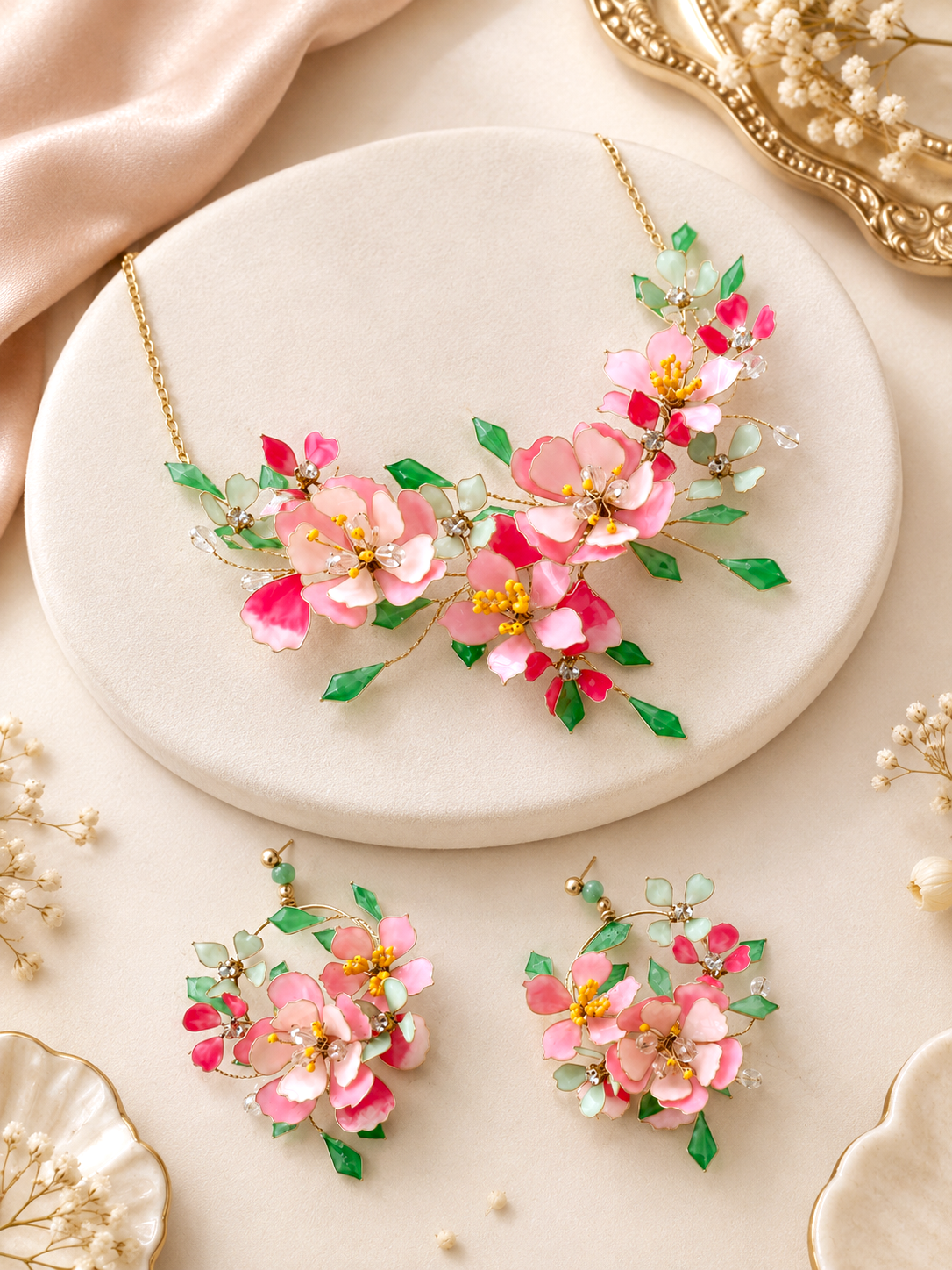 Camellia Resin Jewllery Set in  Pink