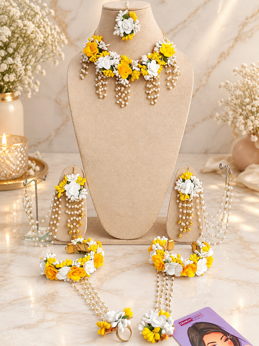 Yellow & White Floral Haldi Mehndi Bridal Jewelry Set