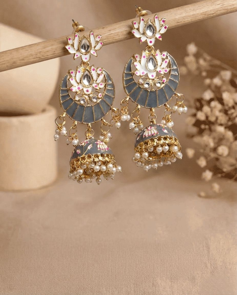 Earring for Women – Meenakari Lotus Chandbali Jhumka, Bridal Pearl Jhumki