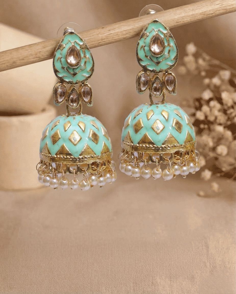 Vibrant Green Meenakari Jhumka Earrings - Traditional Gold Plated for Women