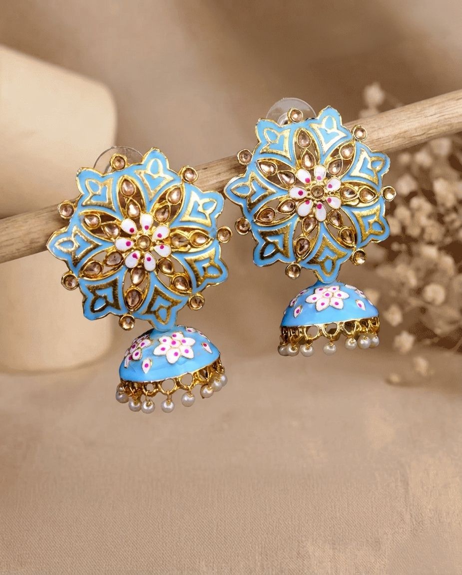 Meenakari Gold Plated Stone Earrings for Women, Traditional Jhumki Design