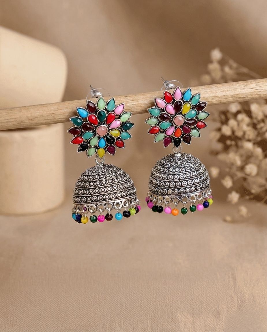 Handmade Oxidised Silver Floral Jhumkas – Trendy Statement Earrings for Women