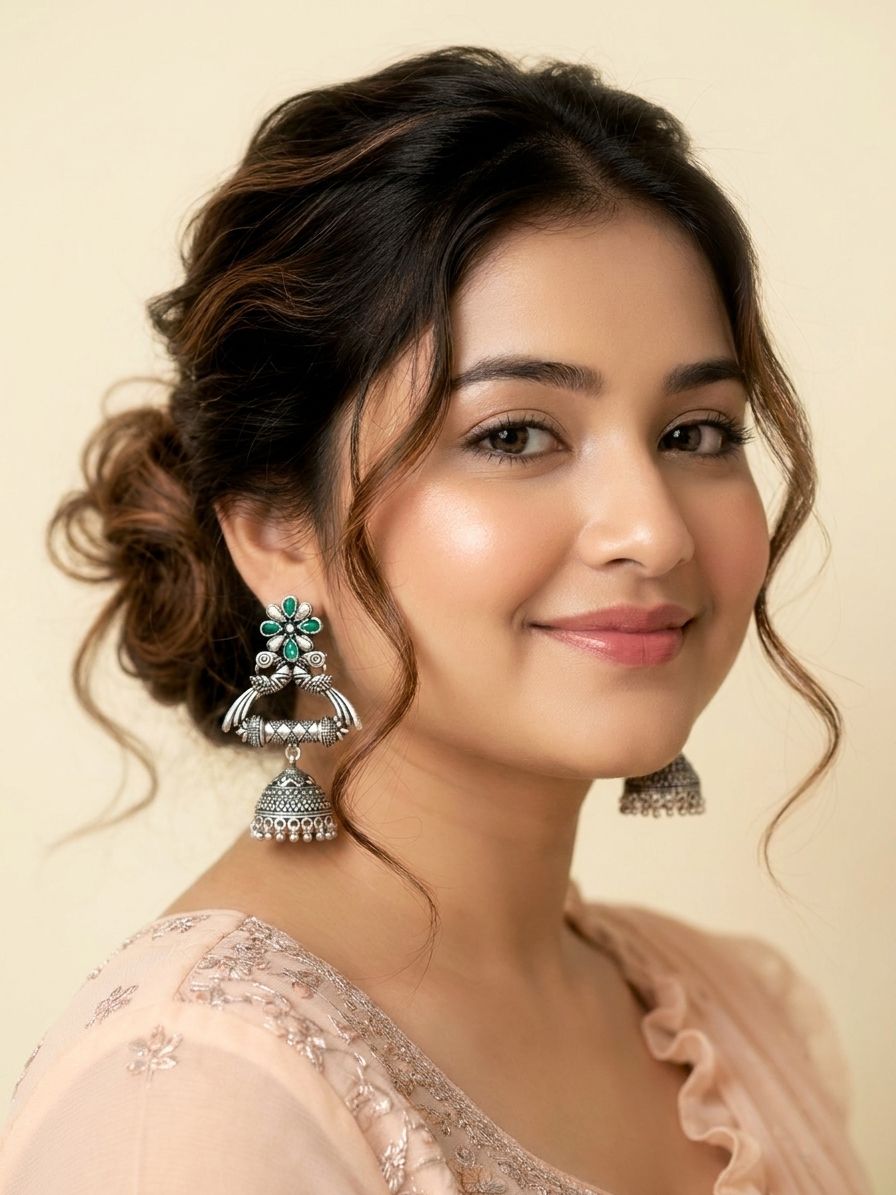 Oxidised German Silver Jhumkas: Unique Green-Pink Earrings for Girls and Women