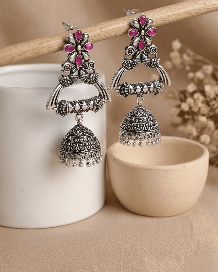 Beautiful Jhumka Design Oxidized Silver Peacock Earrings for Women