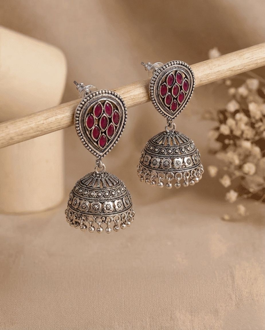 Traditional Oxidised Silver Plated Jhumka Earrings - Meera Collection