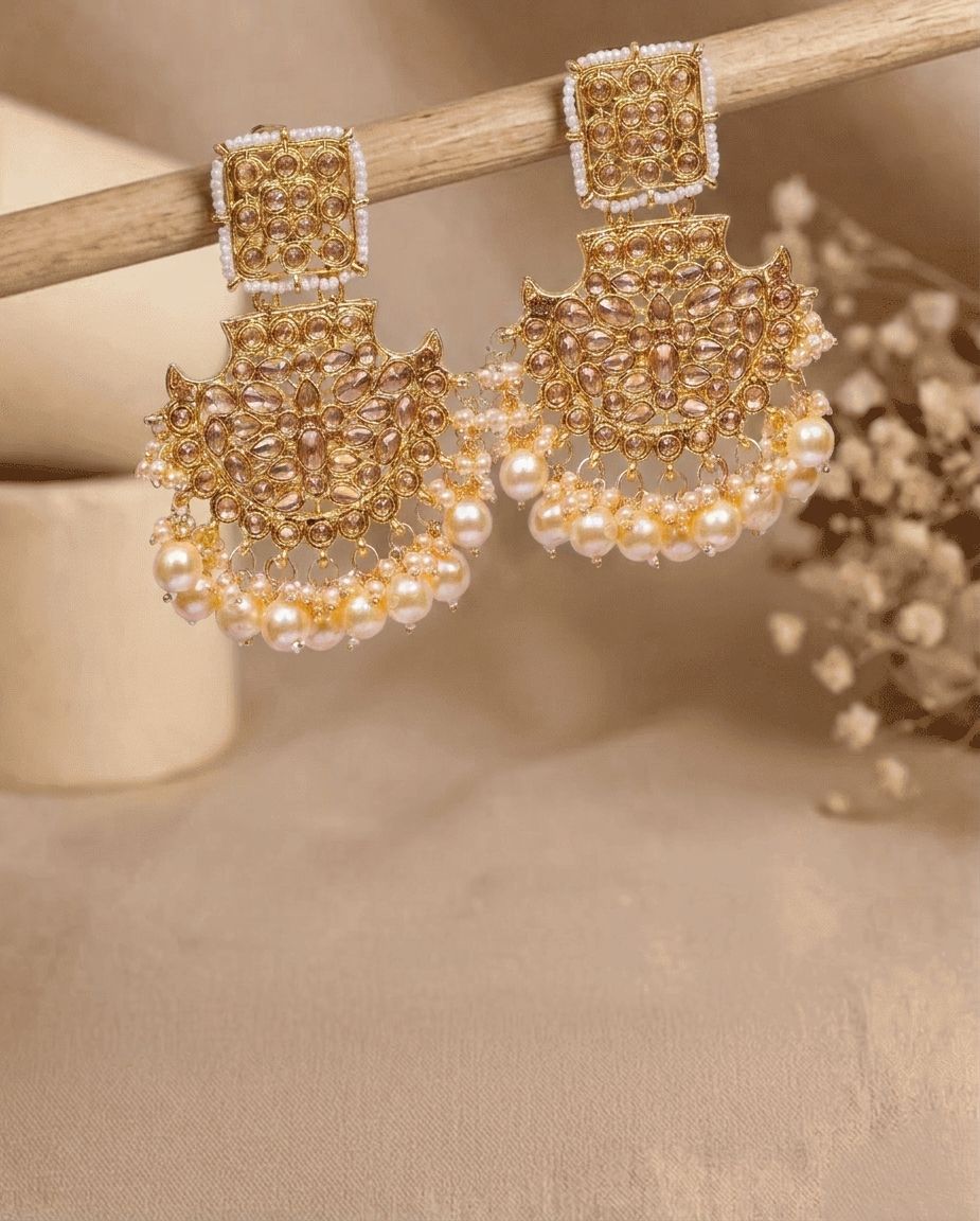 Golden Color Pink Pearl Drop Earrings for Women, Trendy Traditional Design