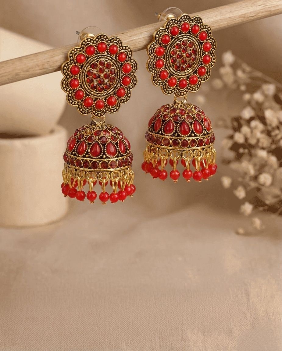 Elegant Crystal-Studded Antique Jhumka Earrings for Women with Floral Design