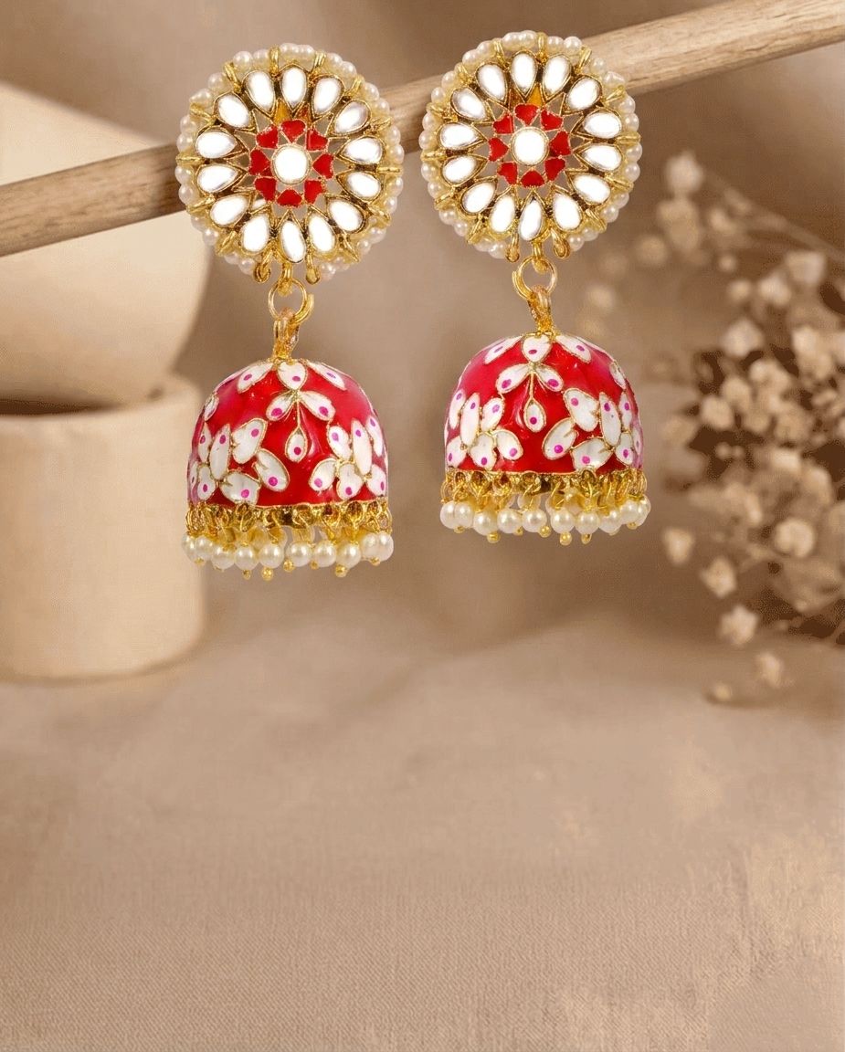 Beaded Red Meenakari Round Jhumka Earrings for Women – Gold Plated Ethnic