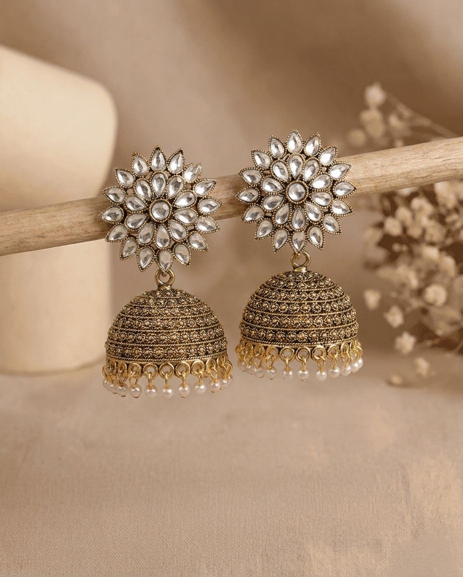 Oxidized German Gold-Plated Bridal Jhumka Earrings with White Stones