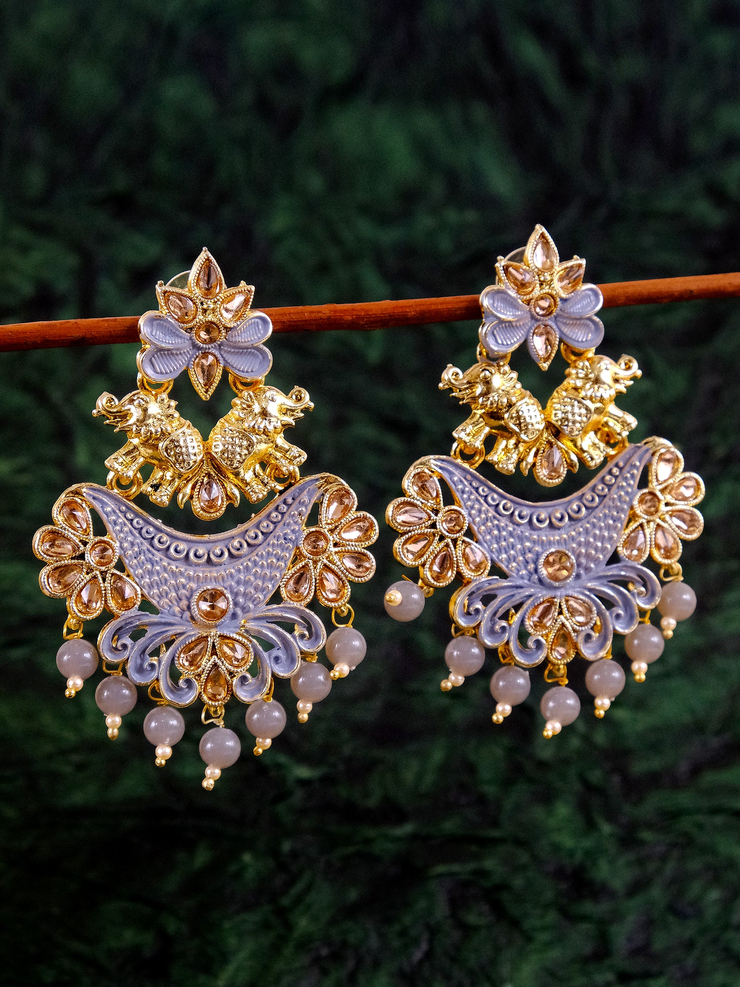 Gold Plated Dangle Earrings with Green Stone Elephant Design for Women