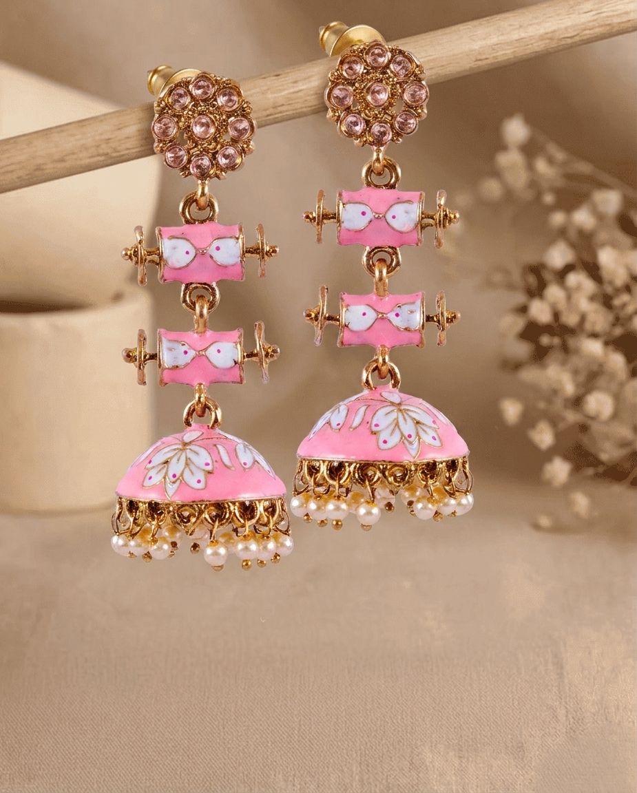 Elegant Gold Plated Stone Earrings for Women – Royal Rajasthani Meenakari Jhumka