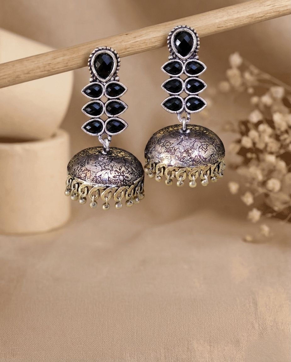 Aria Oxidised Jhumka Earrings with Kundan Stones for Women