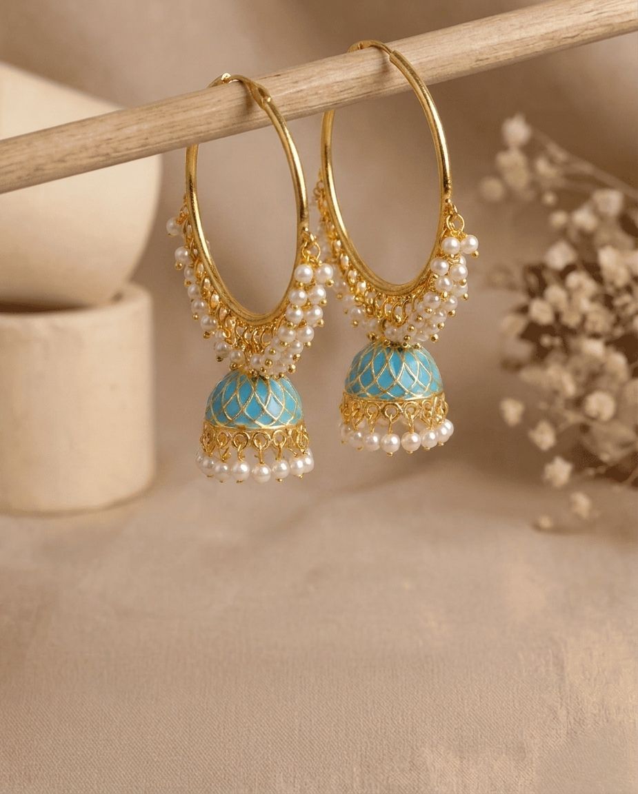 Sky Blue Pearl Hoop Earrings with Jhumka – Gold Plated Meenakari for Women
