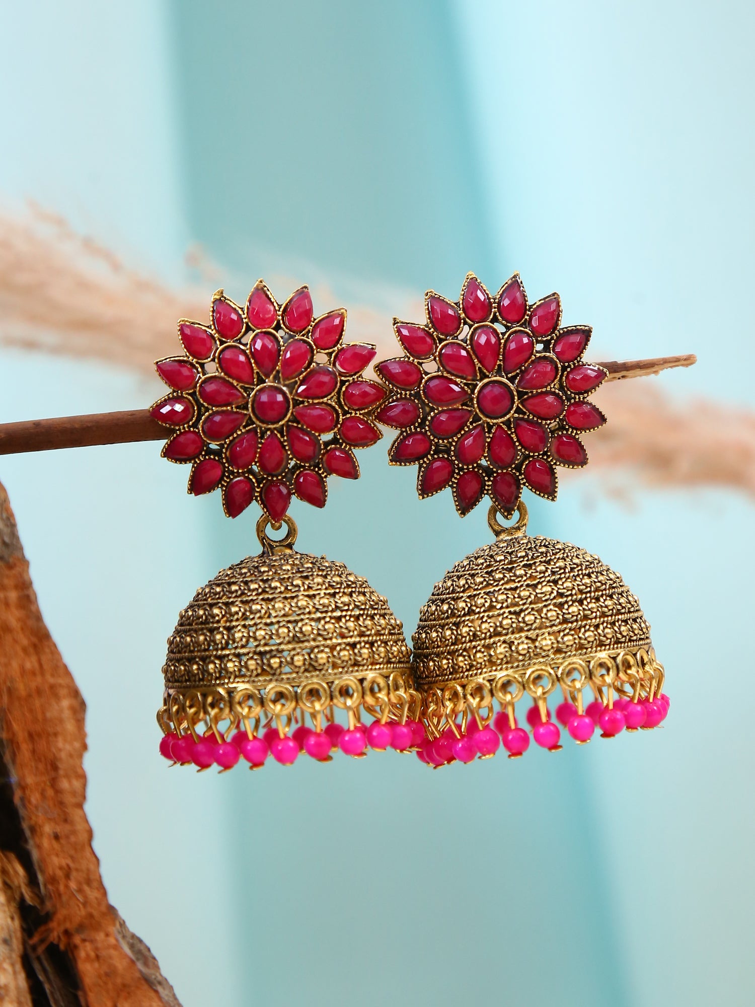 Traditional Gold-Plated Royal Pink Floral Royal Pink Earrings for WOmen