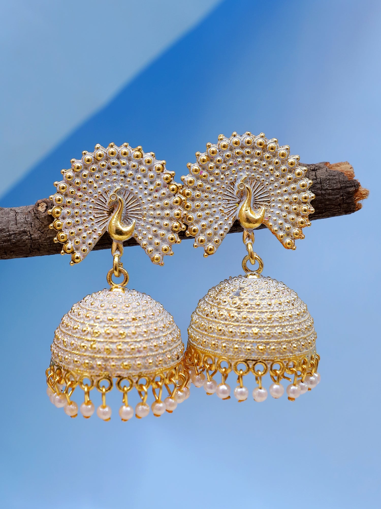 Gold Plated Traditional Pearl Drops Peacock Jhumka Earrings for Women