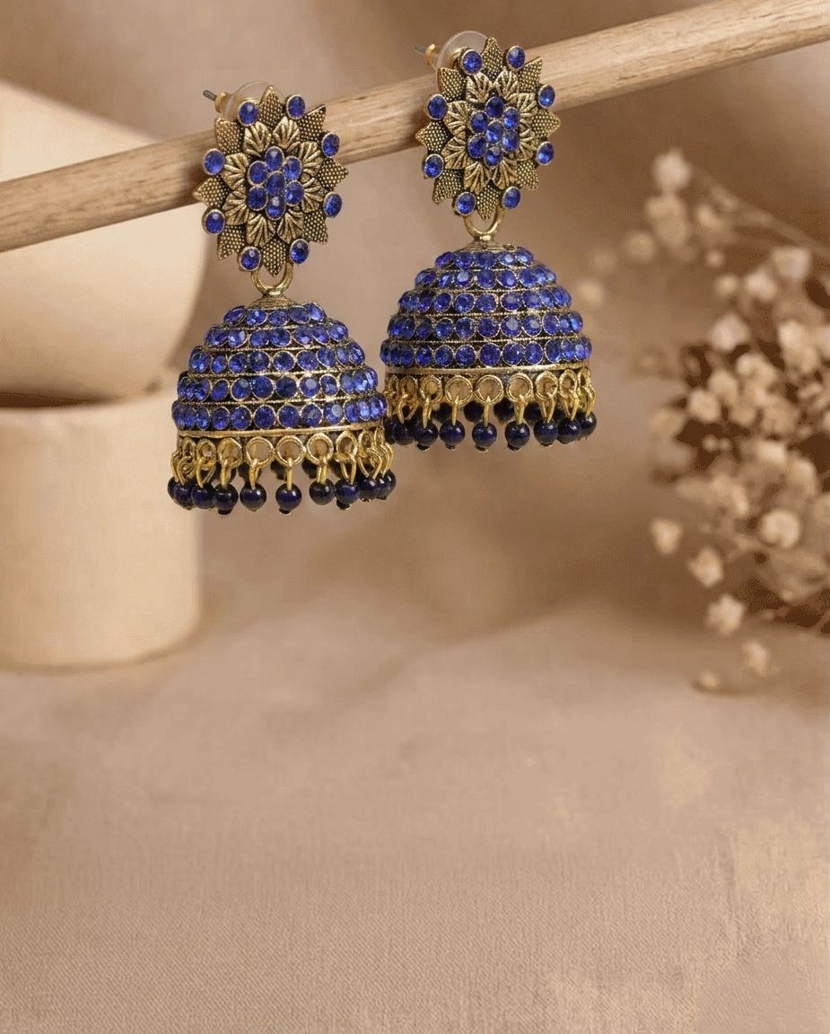 Blue Beaded Handmade Jhumka Earrings for Women, Floral Stud Jhumki Design