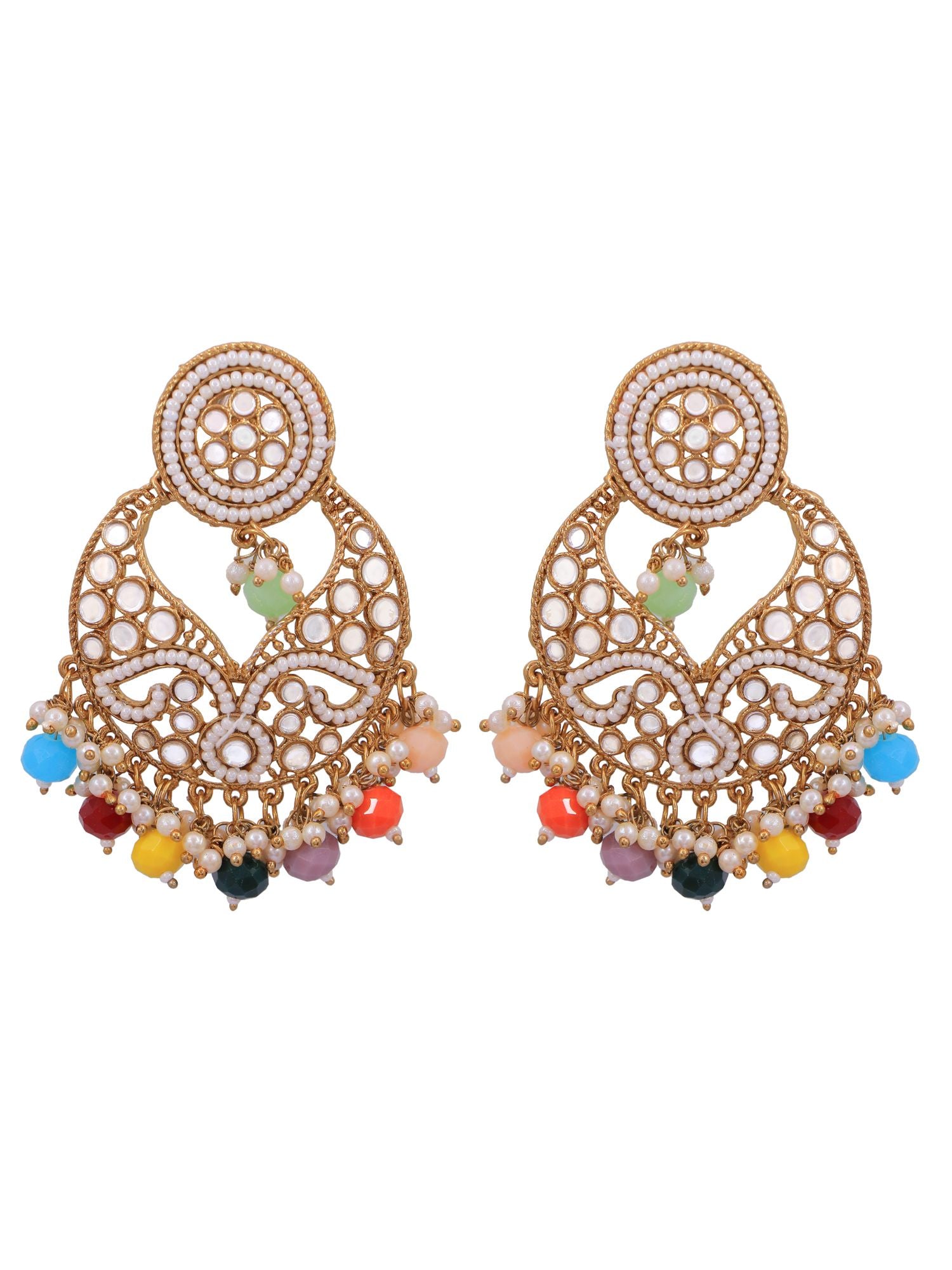 Elegant gold plated long earrings with multicolour stones for women, ideal for party and wedding occasions