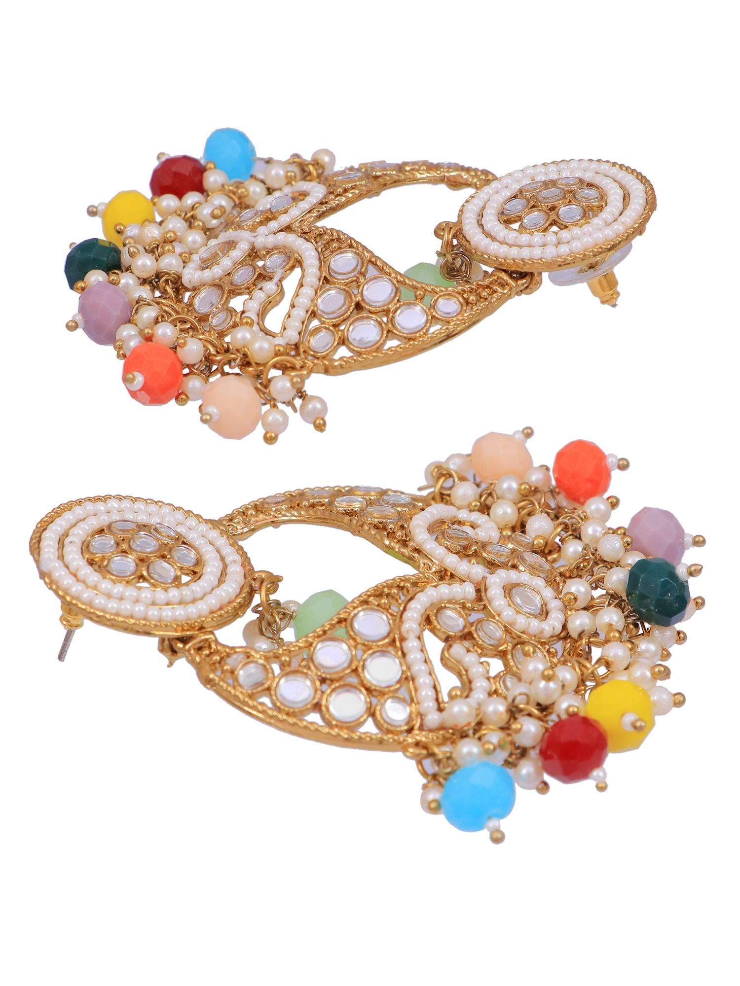 Elegant gold plated long earrings with multicolour stones for women, ideal for party and wedding occasions