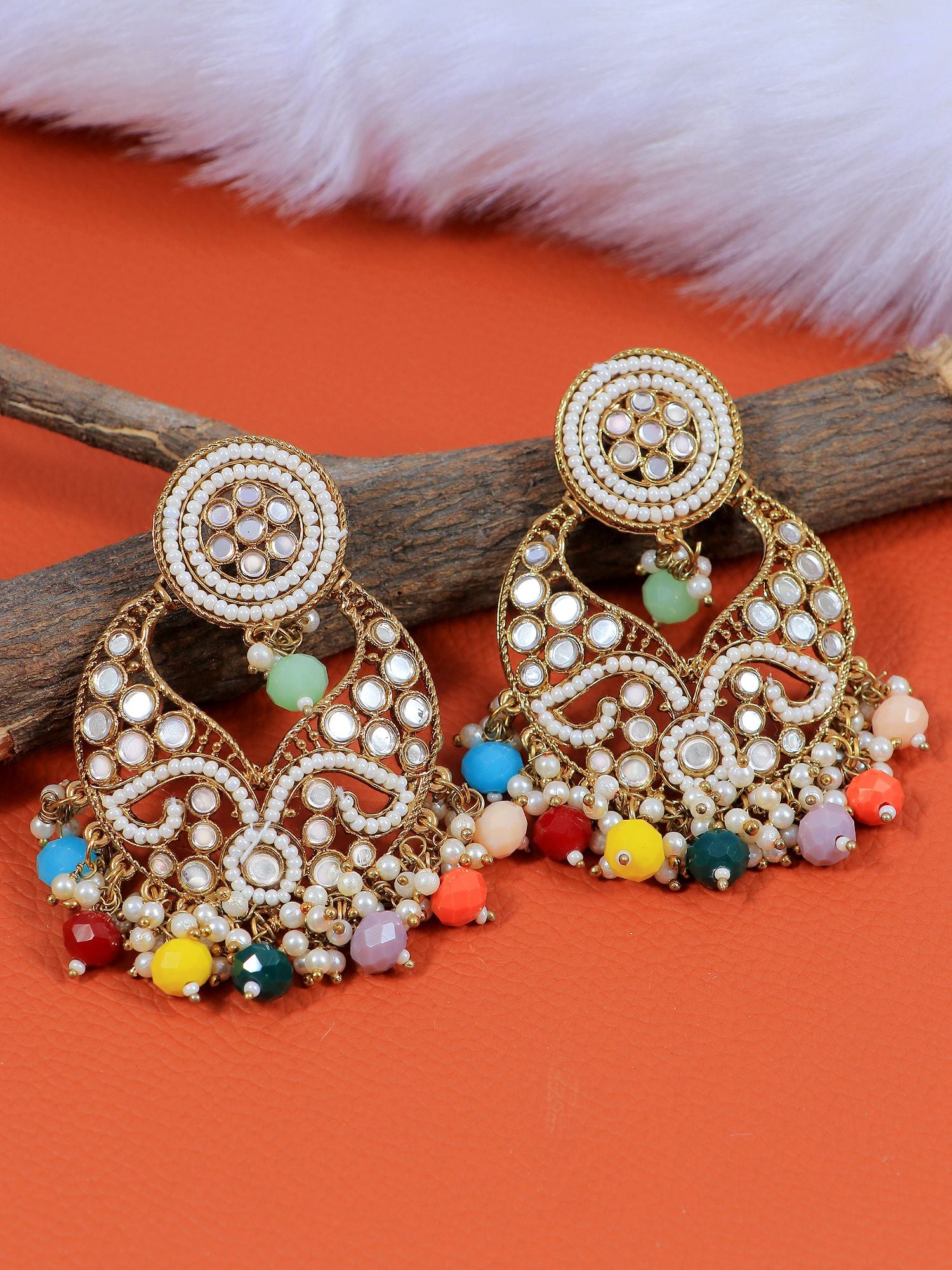 Elegant gold plated long earrings with multicolour stones for women, ideal for party and wedding occasions