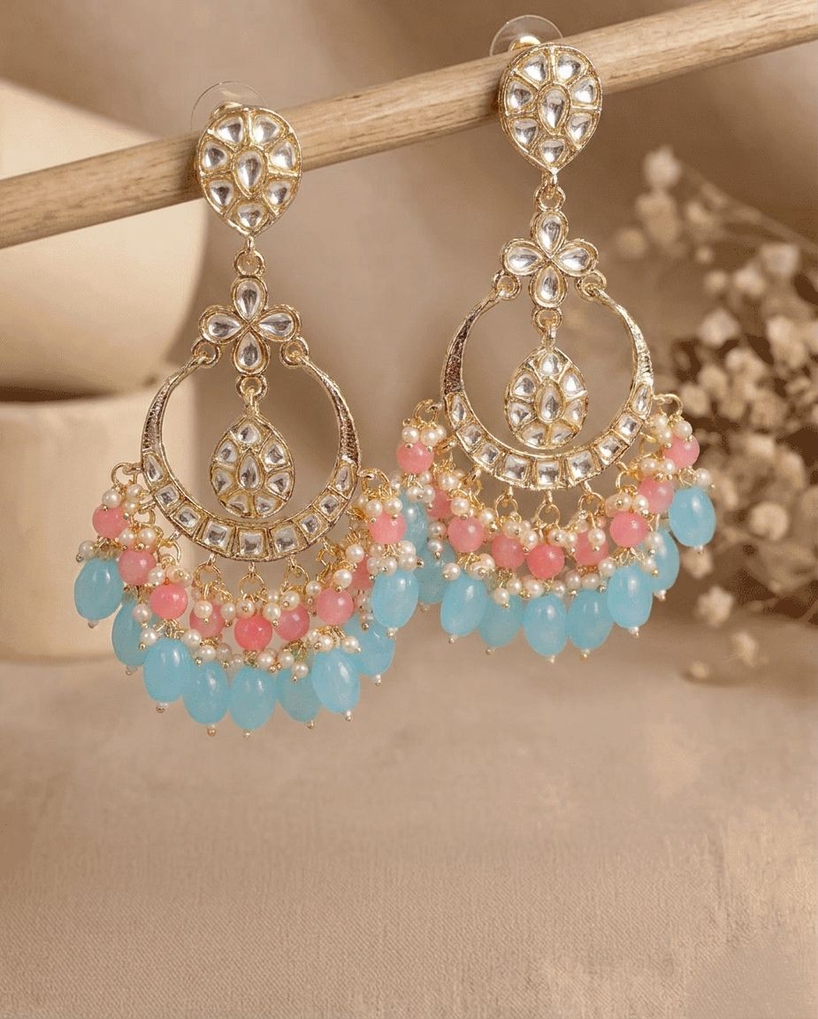 Multicolor Beaded Half Moon Kundan Gold Plated Earrings for Women & Girls