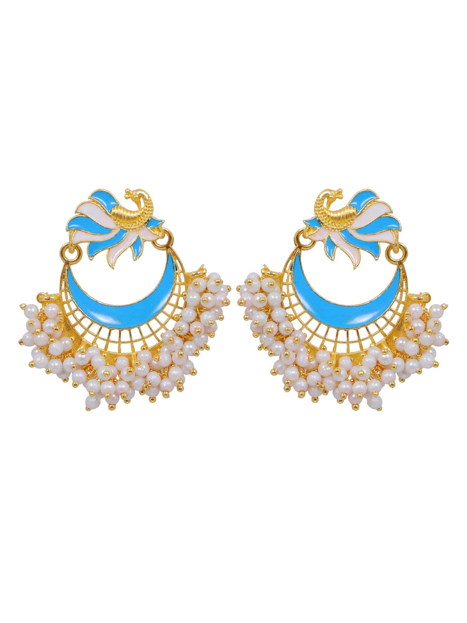 Gold-plated, half moon shaped, peacock design Meenakari earrings in white and blue for girls