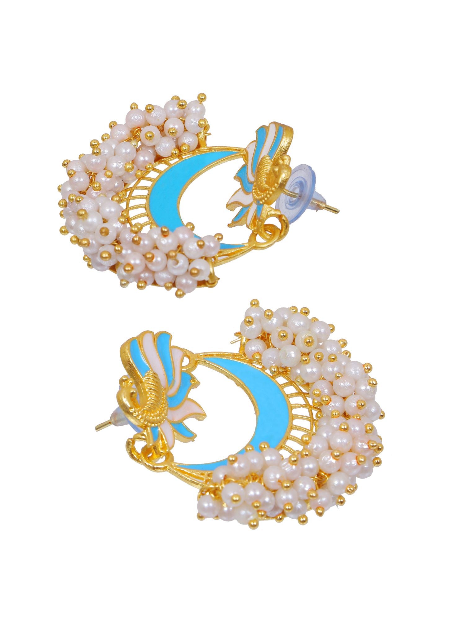 Gold-plated, half moon shaped, peacock design Meenakari earrings in white and blue for girls