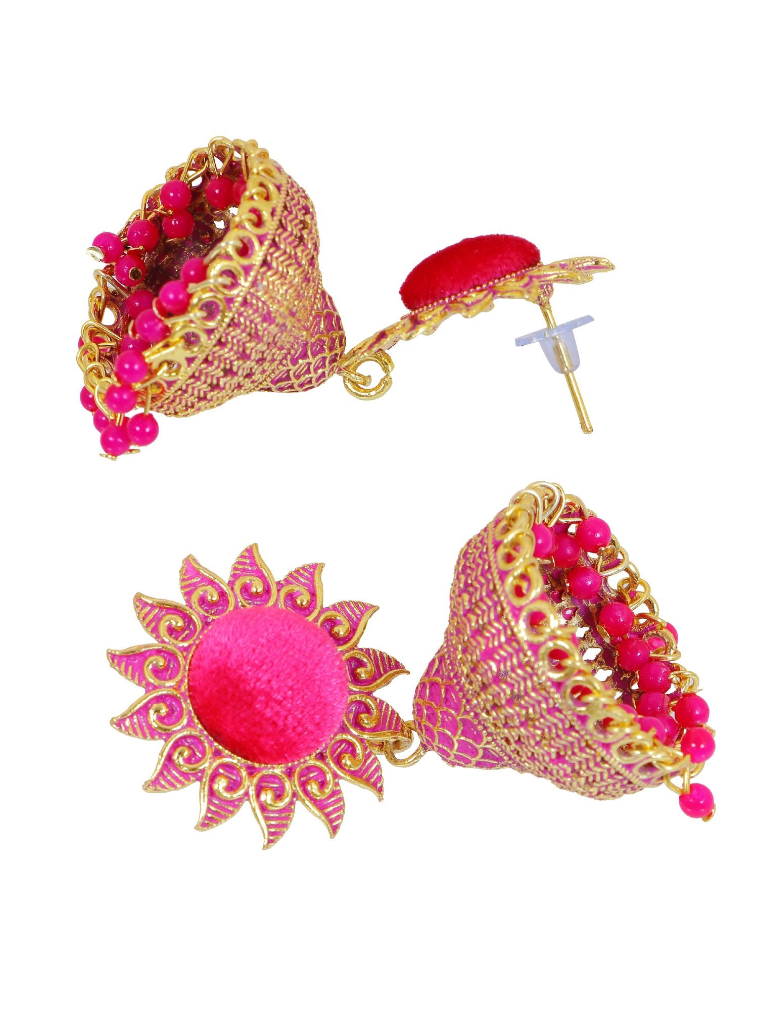 Pink gold-plated jhumka earrings, ethnic design for women's wedding