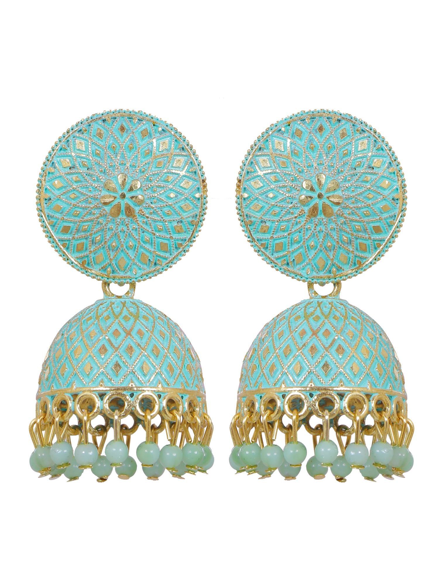 Sky blue moti jhumka earrings from the wedding collection, ideal for women's ethnic look