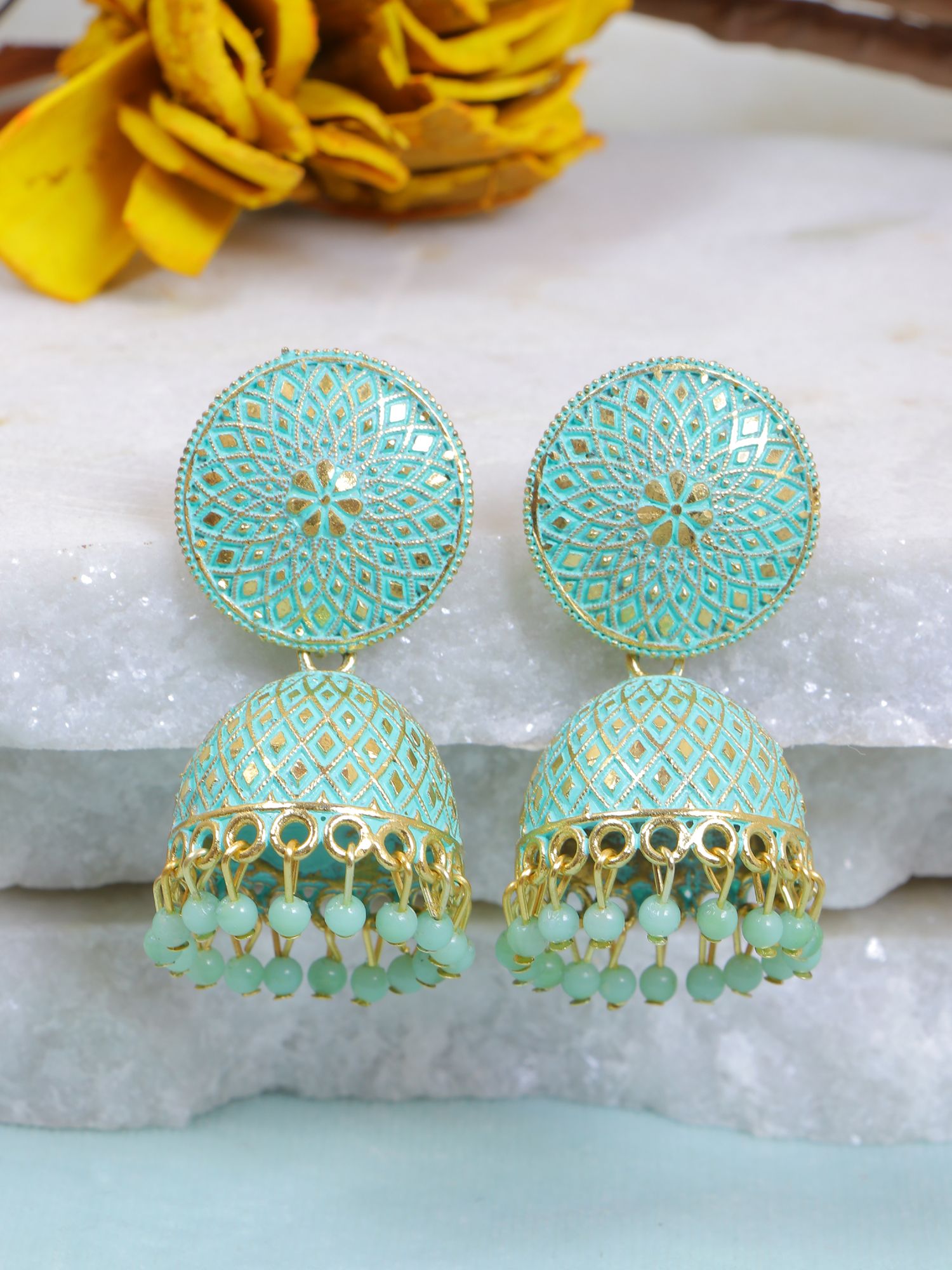 Sky blue moti jhumka earrings from the wedding collection, ideal for women's ethnic look