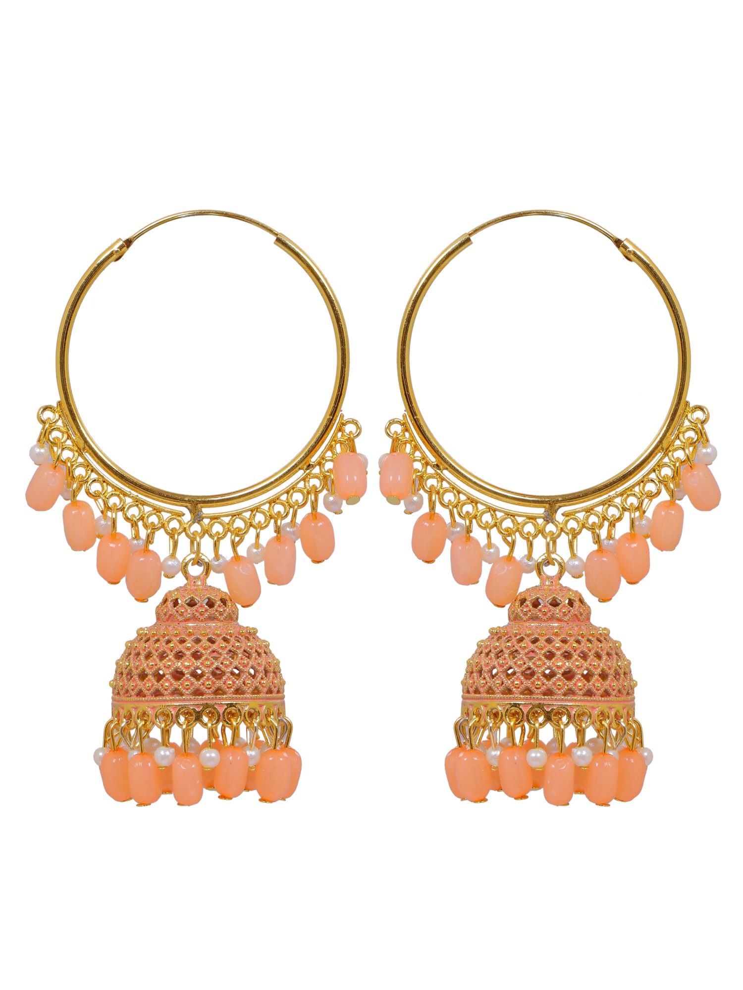 Peach color traditional jhumka drop comma dangler earrings for women, alloy gold plating, everyday wear