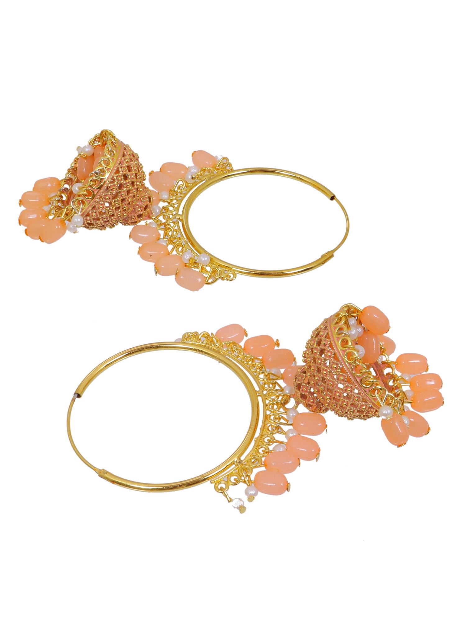 Peach color traditional jhumka drop comma dangler earrings for women, alloy gold plating, everyday wear