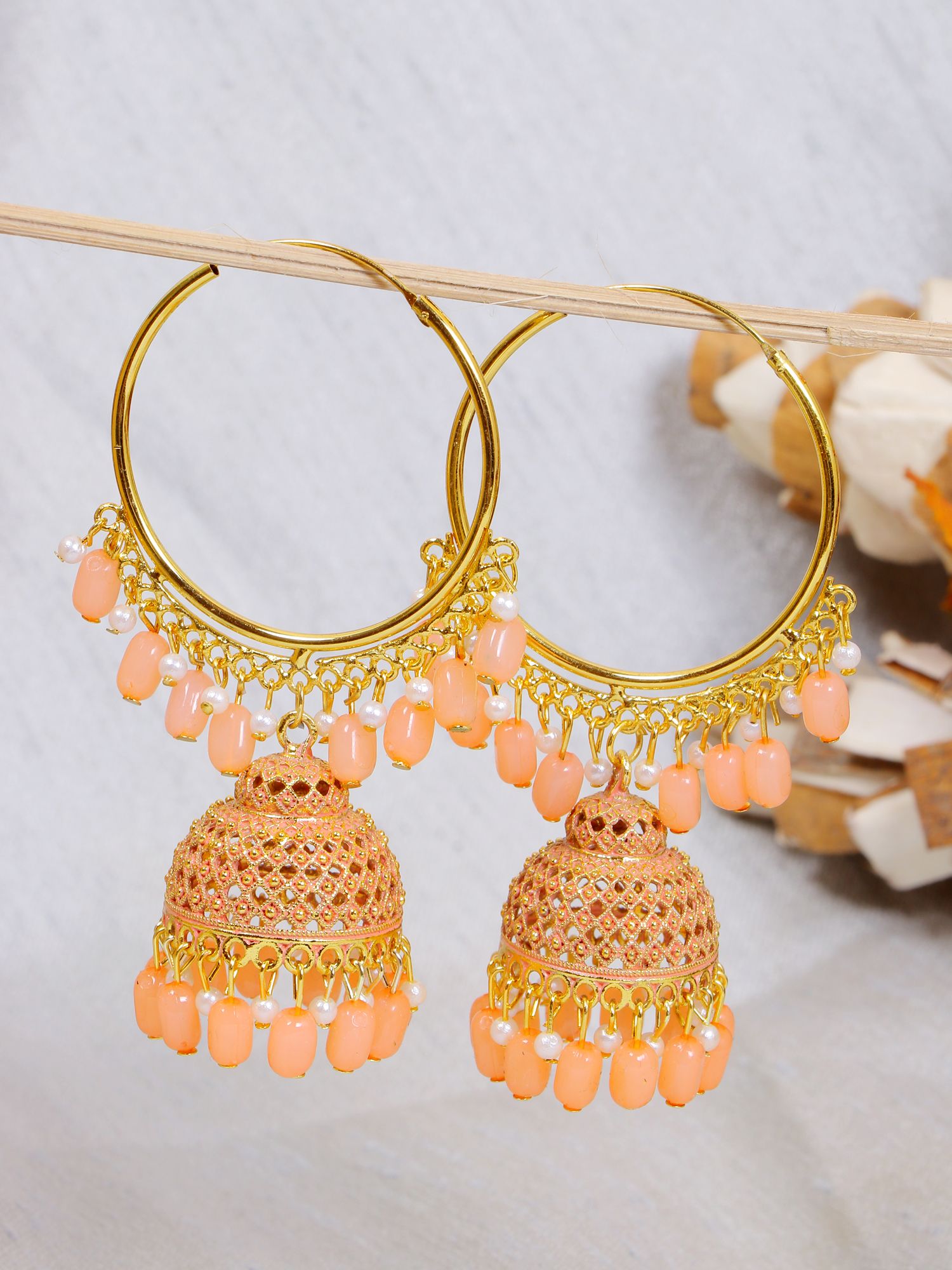 Peach color traditional jhumka drop comma dangler earrings for women, alloy gold plating, everyday wear