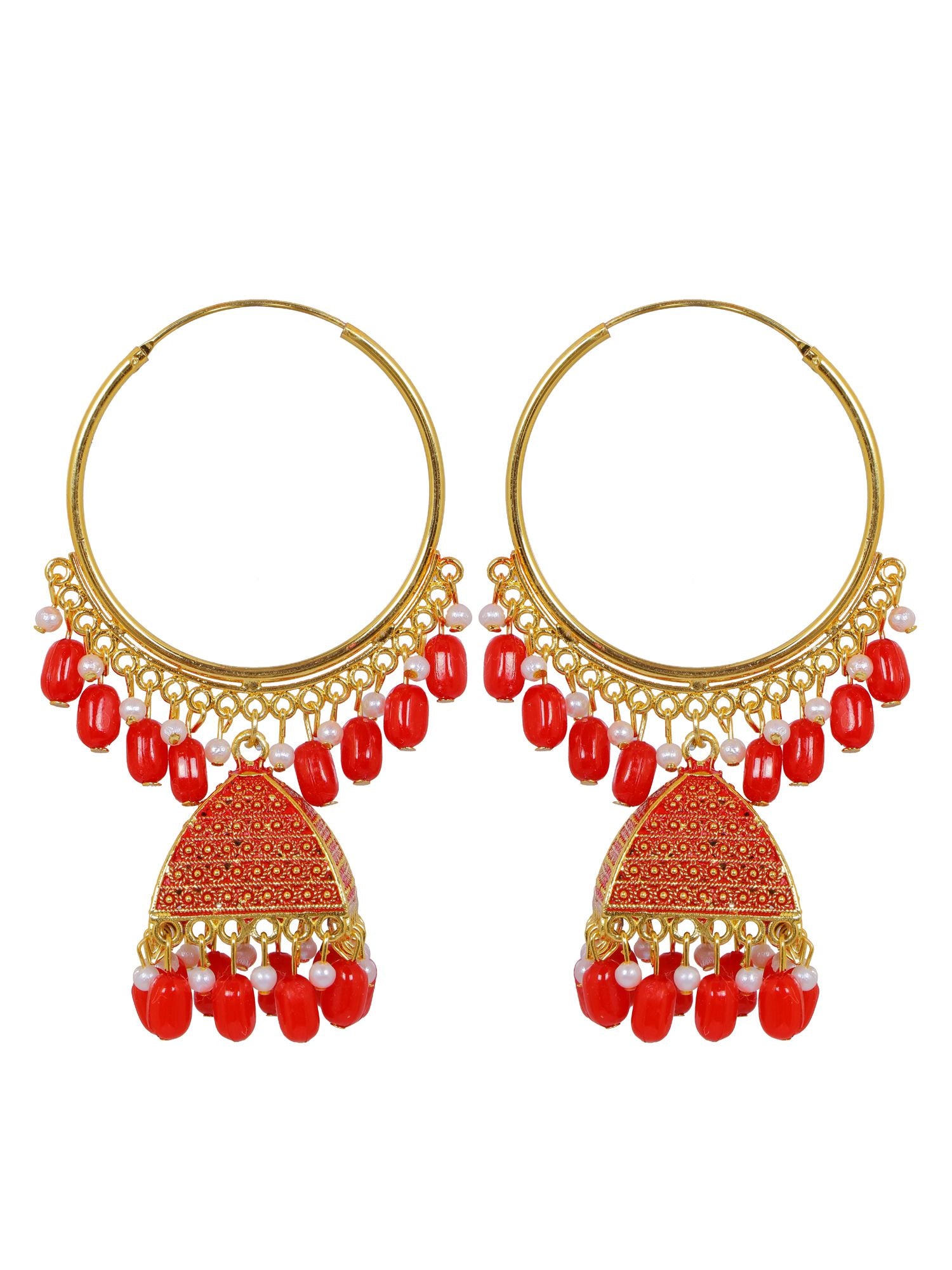 Traditional red Meenakari jhumka design earrings, ideal for women's everyday ethnic look