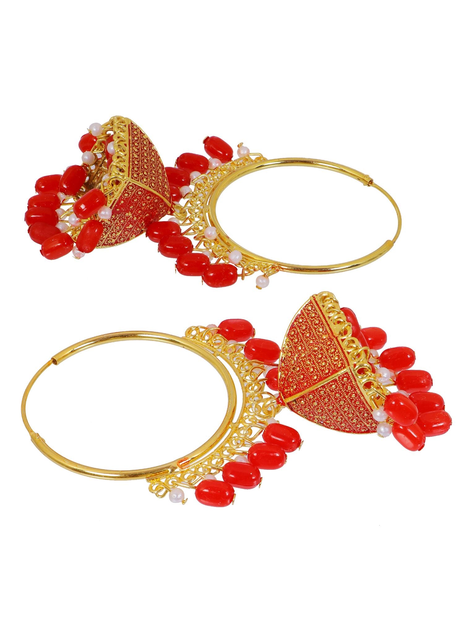 Traditional red Meenakari jhumka design earrings, ideal for women's everyday ethnic look