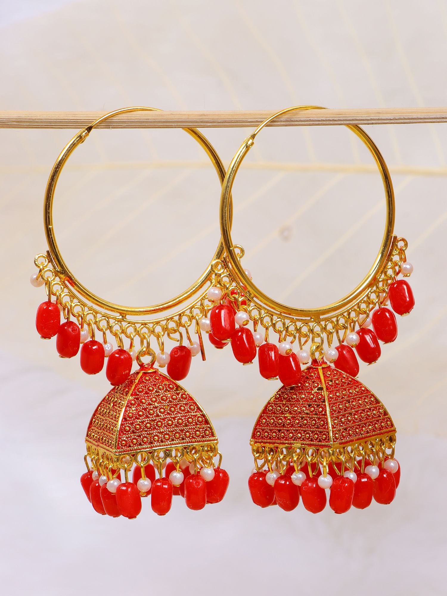 Traditional red Meenakari jhumka design earrings, ideal for women's everyday ethnic look