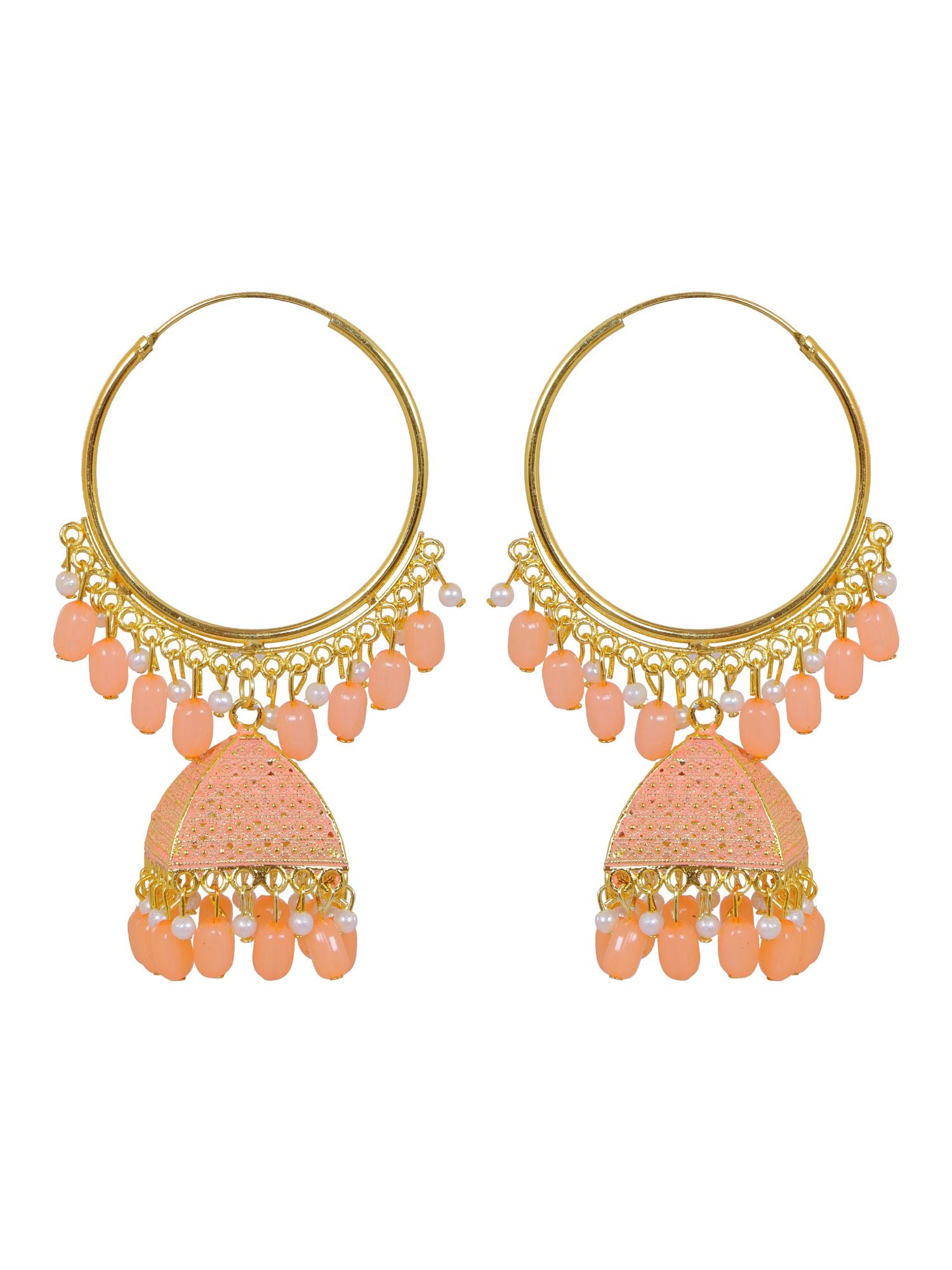 Ethnic peach-colored Meenakari jhumka earrings design in traditional style for women, made from alloy and gold-plated