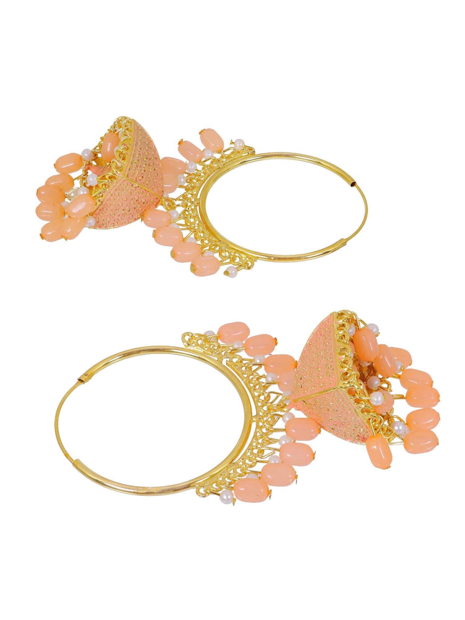 Ethnic peach-colored Meenakari jhumka earrings design in traditional style for women, made from alloy and gold-plated