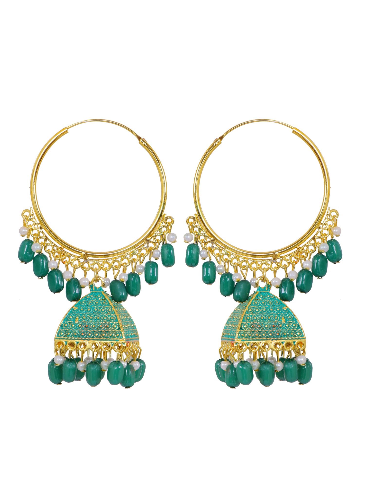 Women's ethnic green pearl jhumka earrings, gold-plated traditional alloy design for everyday wear