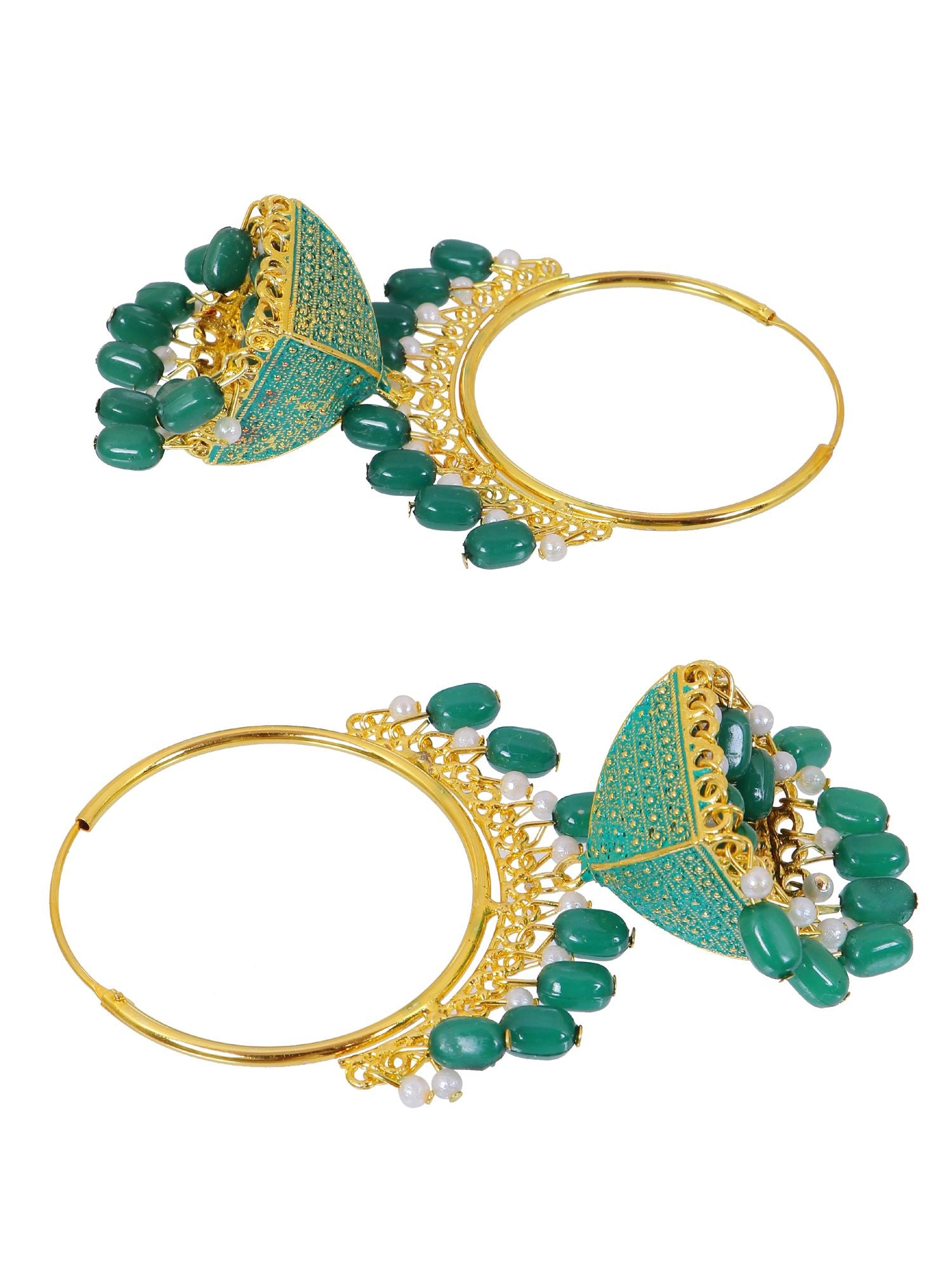 Women's ethnic green pearl jhumka earrings, gold-plated traditional alloy design for everyday wear