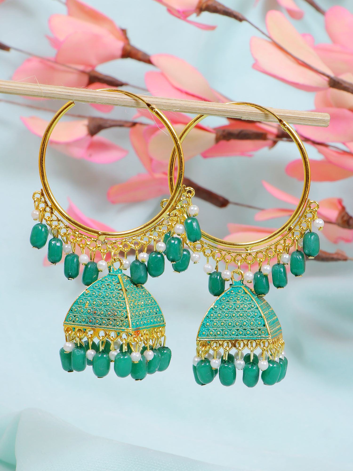 Women's ethnic green pearl jhumka earrings, gold-plated traditional alloy design for everyday wear